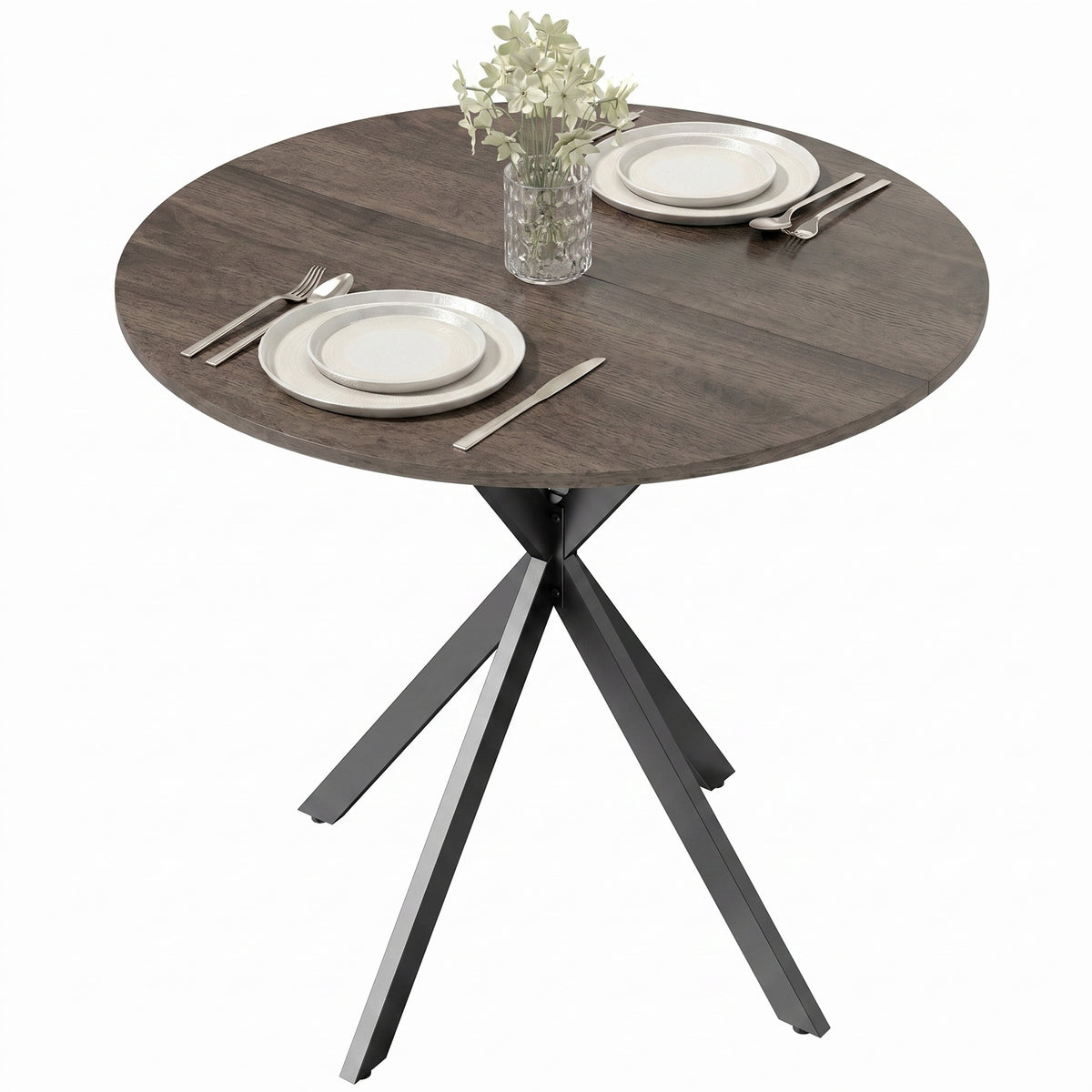 HOMCOM 31.5" Small Round Dining Table for 2, Industrial Kitchen Table with Cross Steel Legs for Dining Room, Distressed Brown