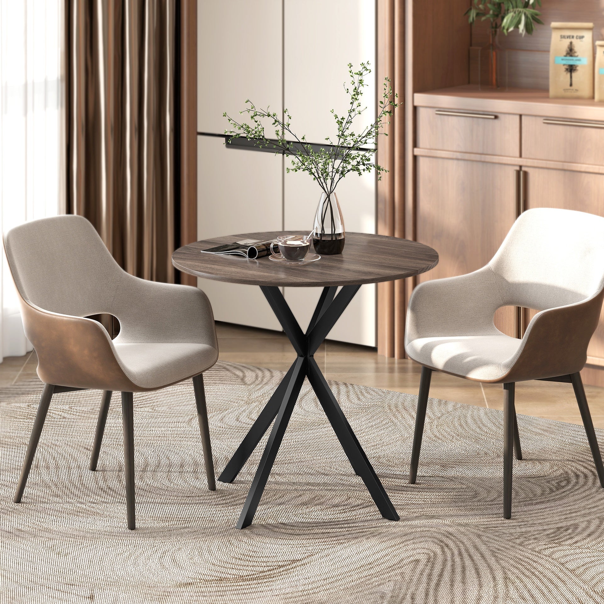 HOMCOM 31.5" Small Round Dining Table for 2, Industrial Kitchen Table with Cross Steel Legs for Dining Room, Distressed Brown