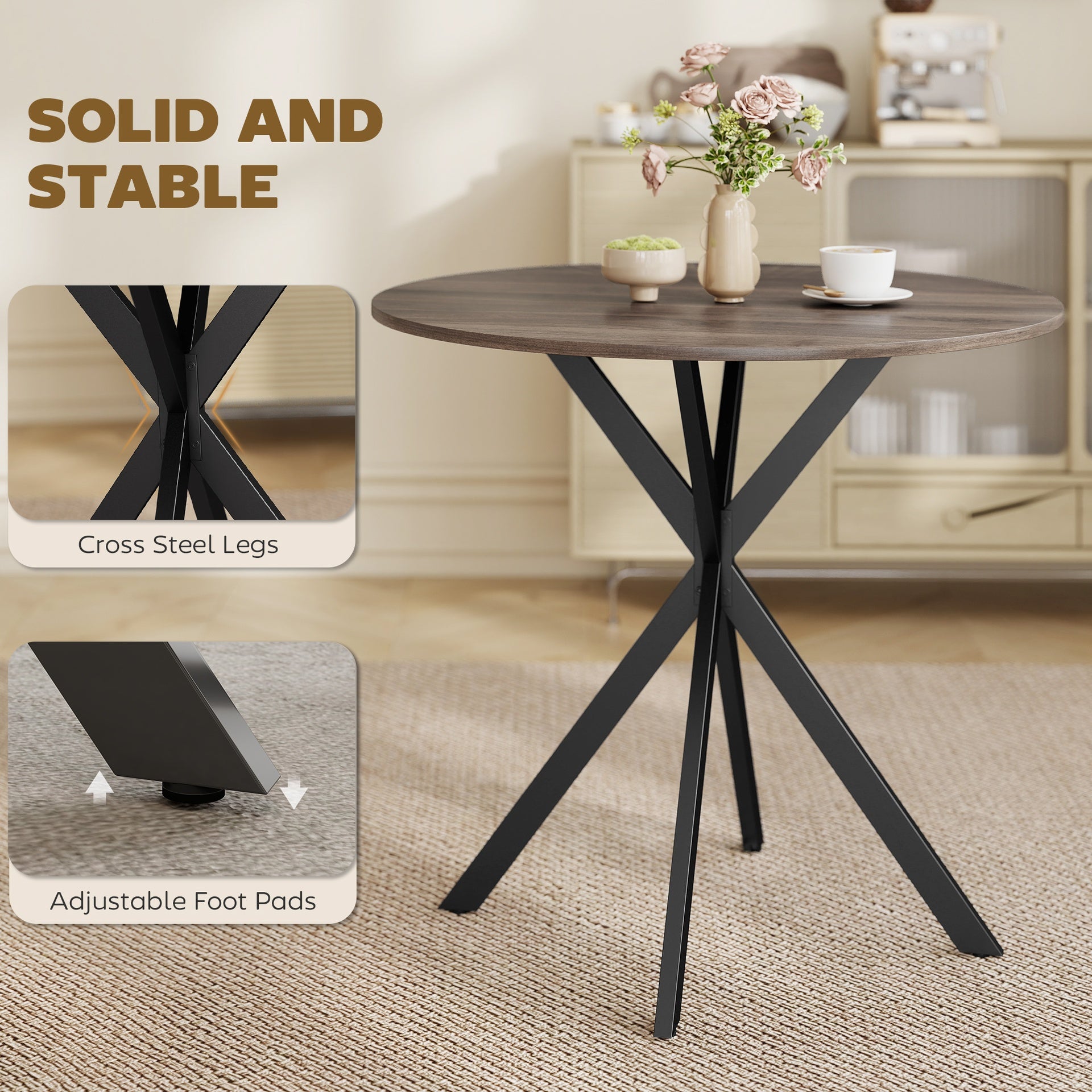 HOMCOM 31.5" Small Round Dining Table for 2, Industrial Kitchen Table with Cross Steel Legs for Dining Room, Distressed Brown