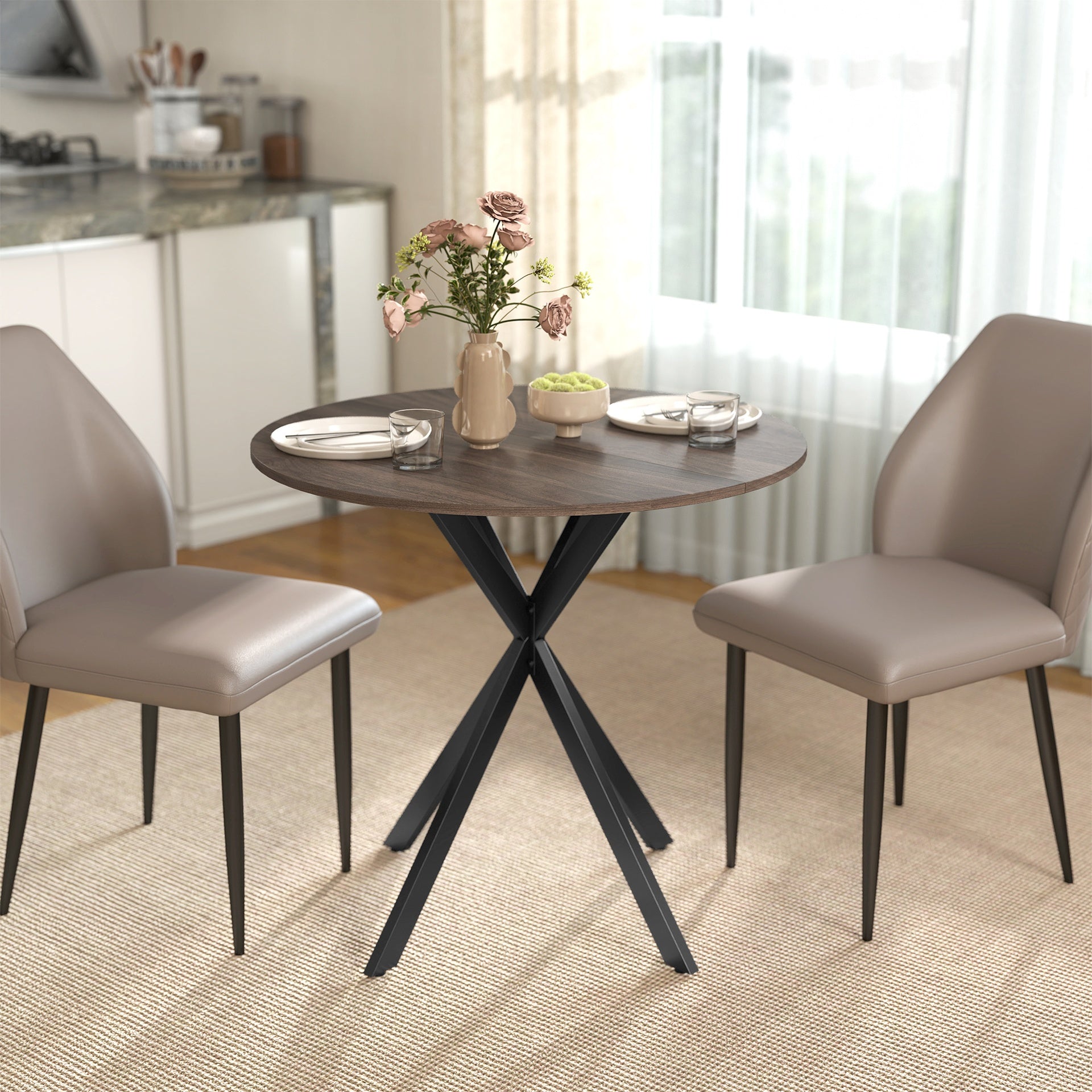 HOMCOM 31.5" Small Round Dining Table for 2, Industrial Kitchen Table with Cross Steel Legs for Dining Room, Distressed Brown