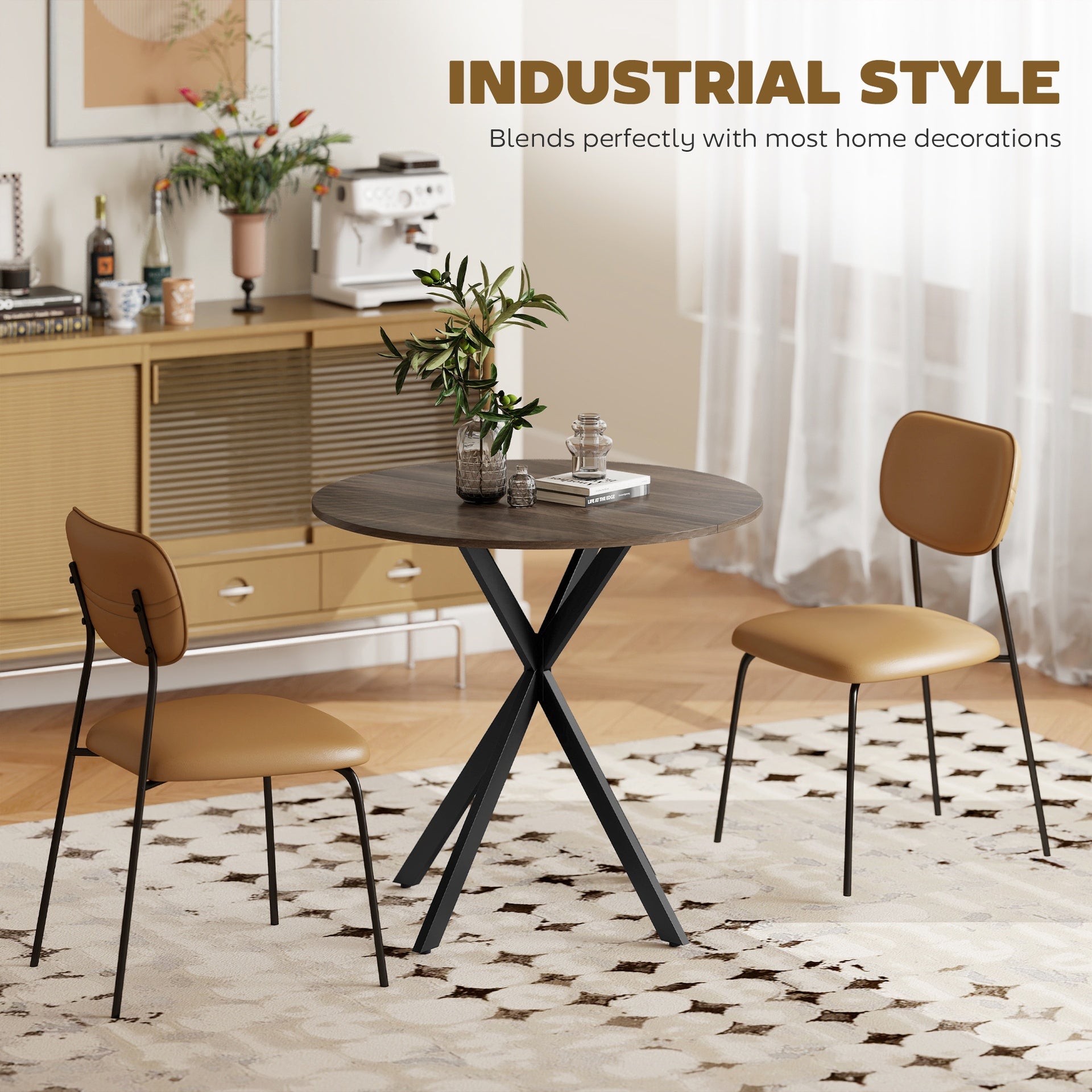HOMCOM 31.5" Small Round Dining Table for 2, Industrial Kitchen Table with Cross Steel Legs for Dining Room, Distressed Brown