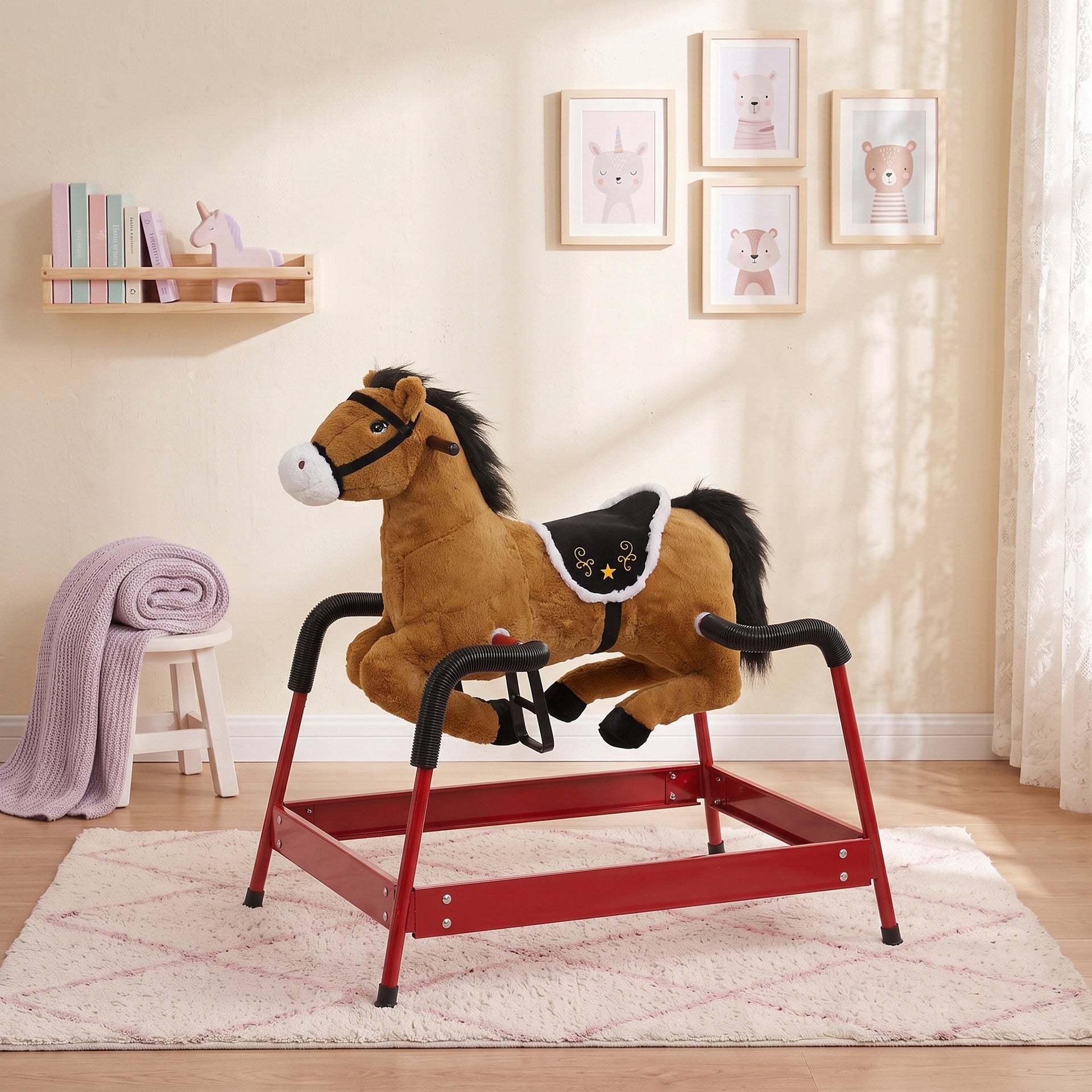 Qaba Kids Spring Rocking Horse, Ride on Horse with Neighing Sounds, Plush Animal Ride on Toy for Ages 3+ Years, Brown