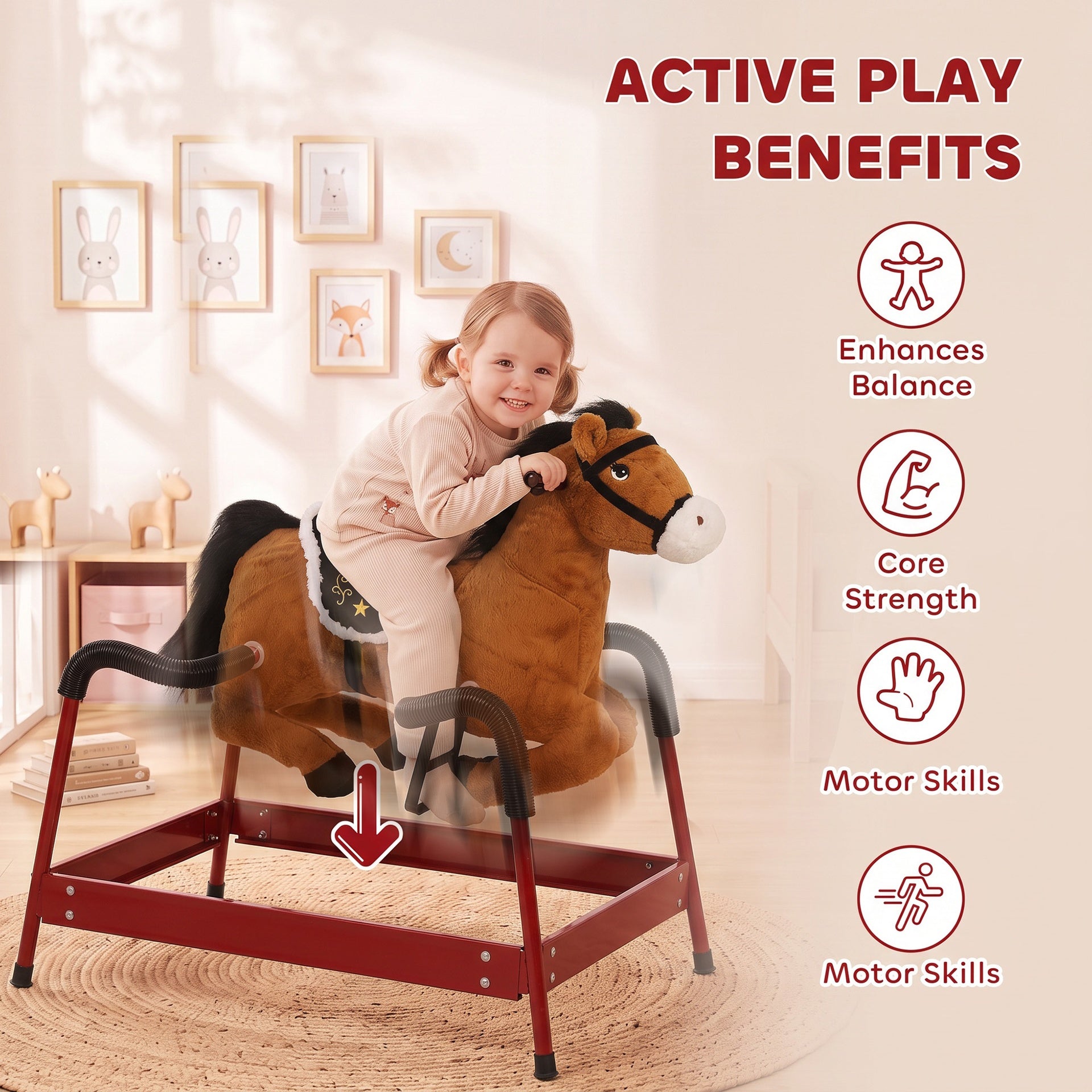 Qaba Kids Spring Rocking Horse, Ride on Horse with Neighing Sounds, Plush Animal Ride on Toy for Ages 3+ Years, Brown