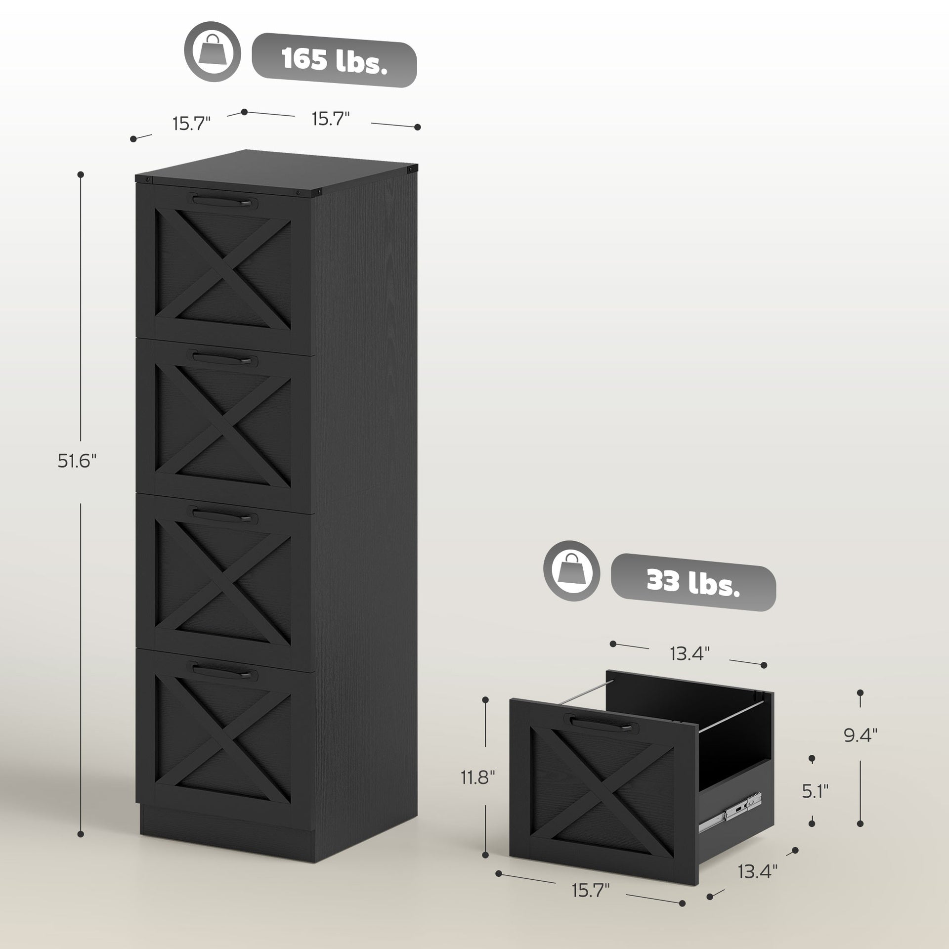 HOMCOM Vertical Storage Drawers Farmhouse X Pattern Printer Stand Fits Letter Files 4 Drawers Black