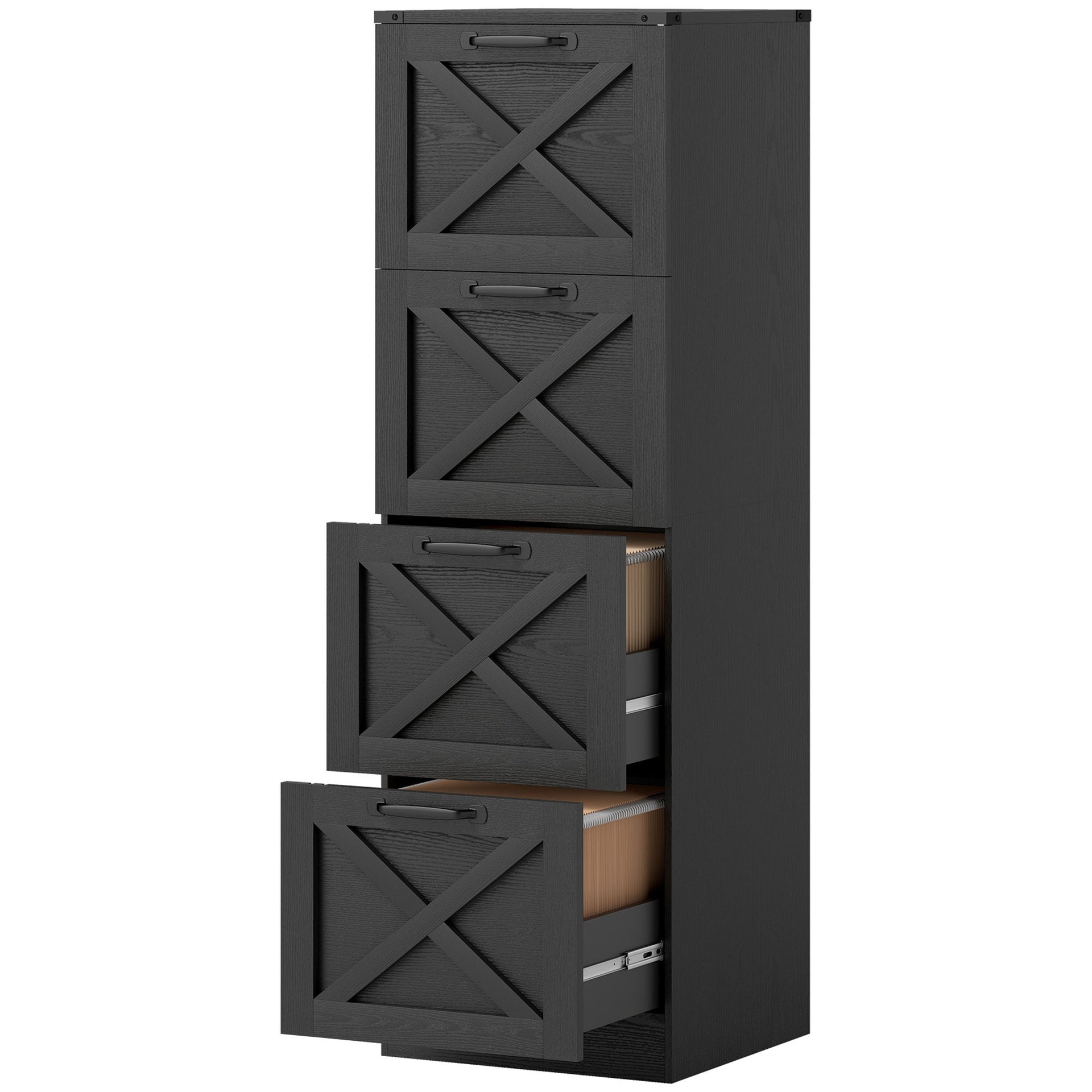 HOMCOM Vertical Storage Drawers Farmhouse X Pattern Printer Stand Fits Letter Files 4 Drawers Black