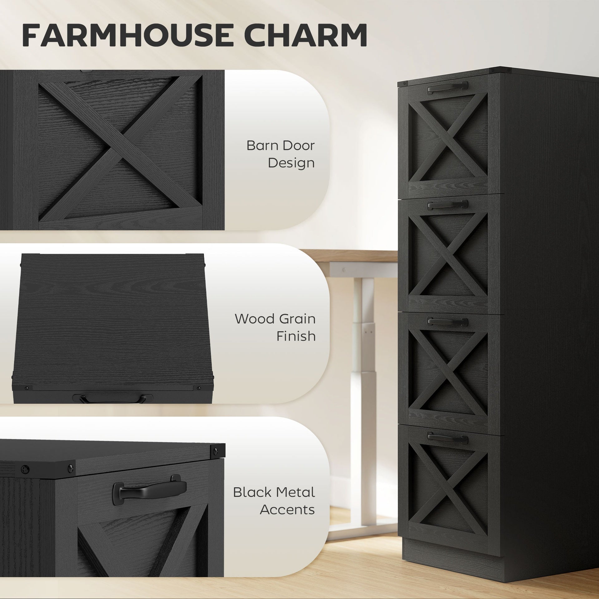 HOMCOM Vertical Storage Drawers Farmhouse X Pattern Printer Stand Fits Letter Files 4 Drawers Black
