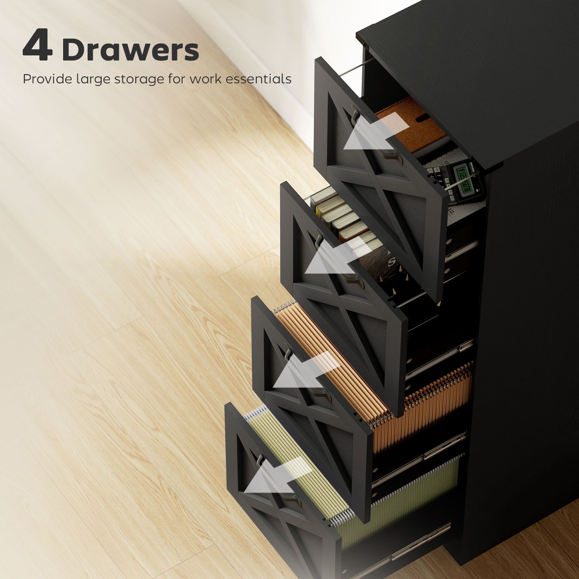 HOMCOM Vertical Storage Drawers Farmhouse X Pattern Printer Stand Fits Letter Files 4 Drawers Black