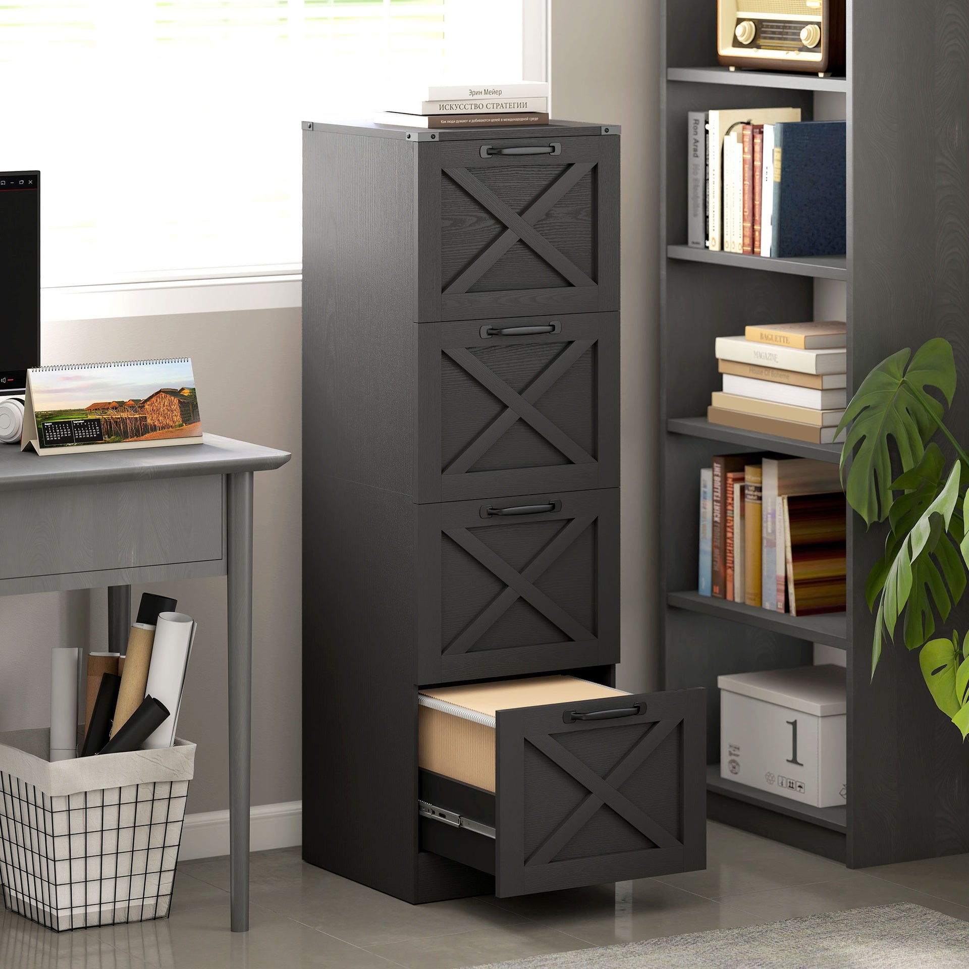 HOMCOM Vertical Storage Drawers Farmhouse X Pattern Printer Stand Fits Letter Files 4 Drawers Black