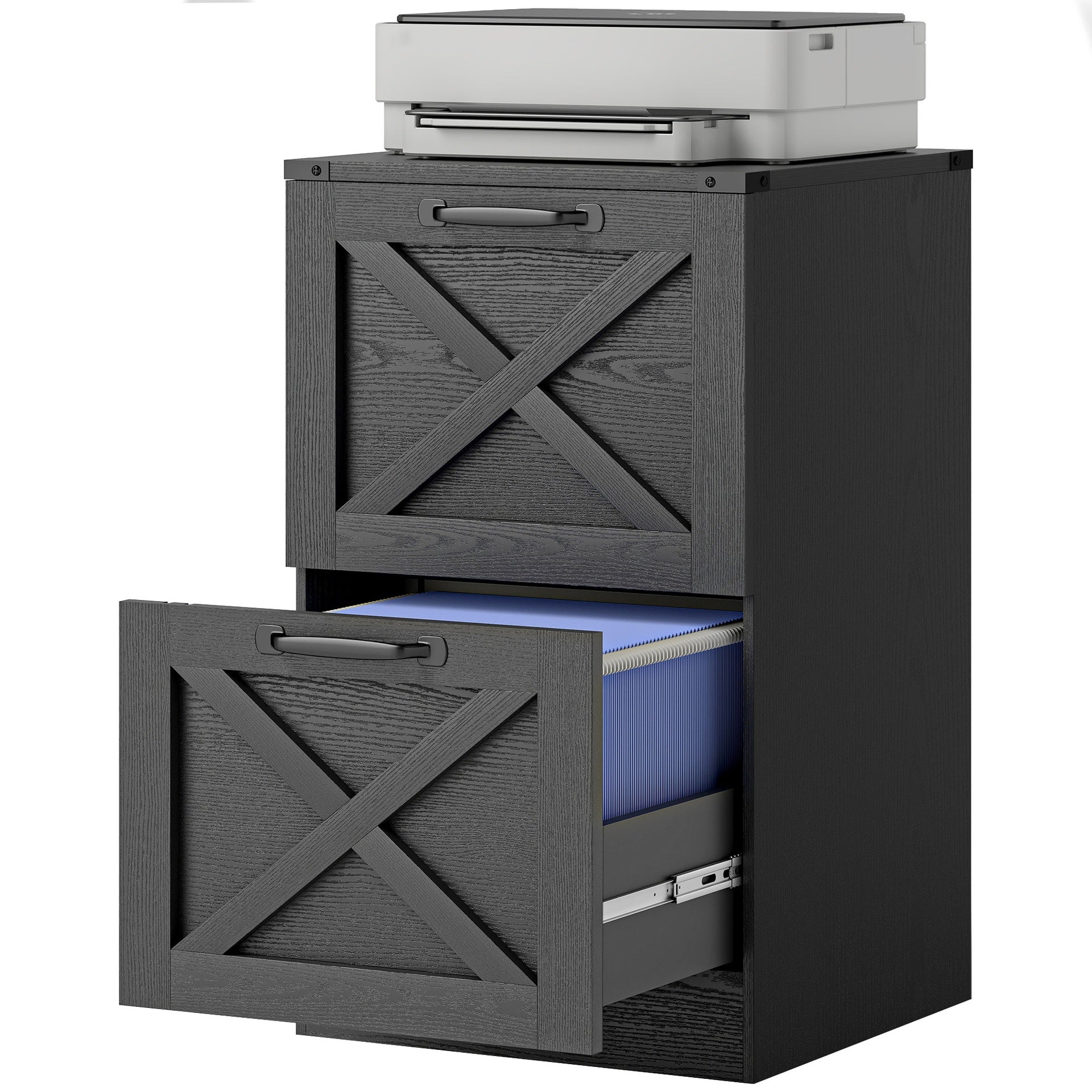HOMCOM Vertical Storage Drawers Farmhouse X Pattern Printer Stand Fits Letter Files 2 Drawers Black