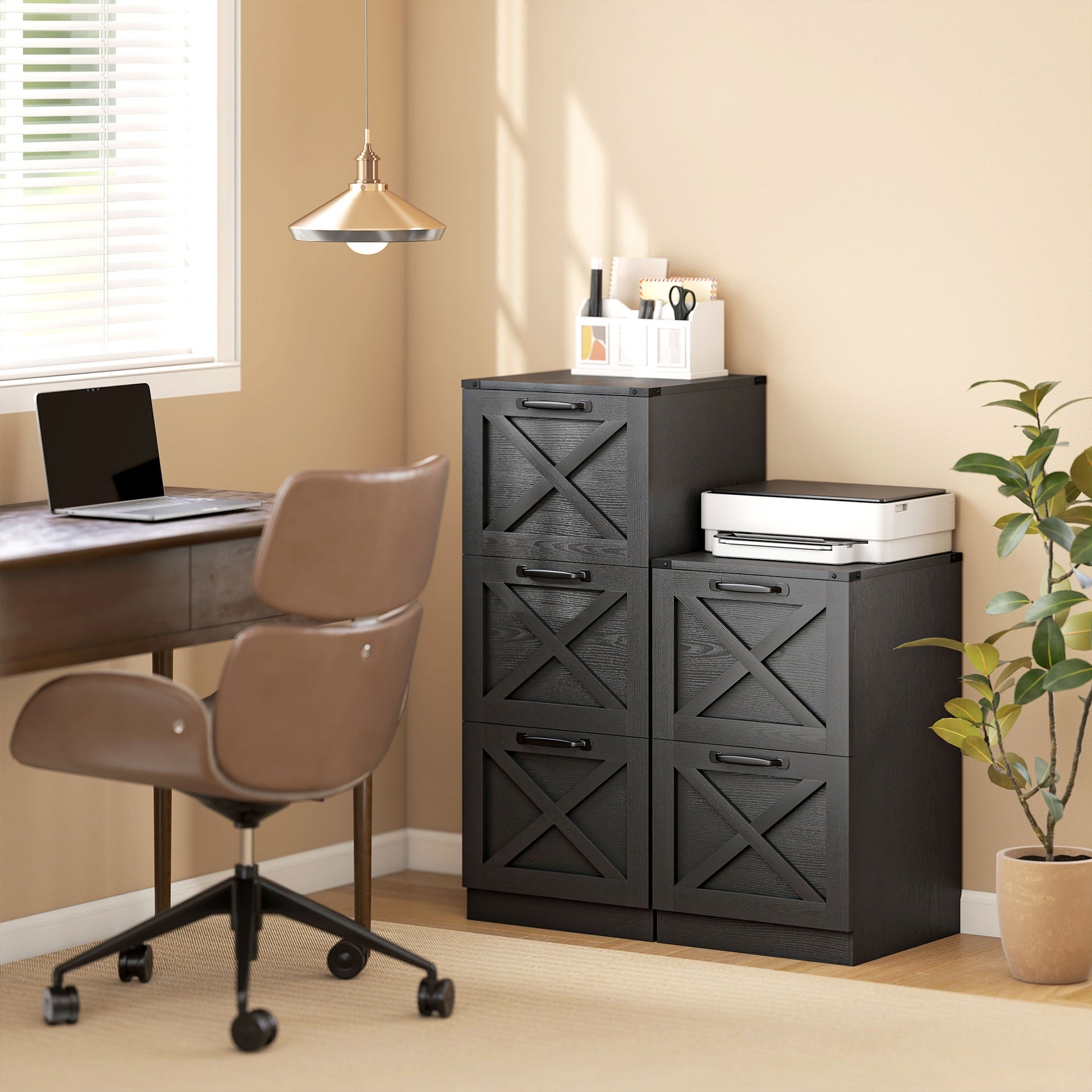 HOMCOM Vertical Storage Drawers Farmhouse X Pattern Printer Stand Fits Letter Files 2 Drawers Black