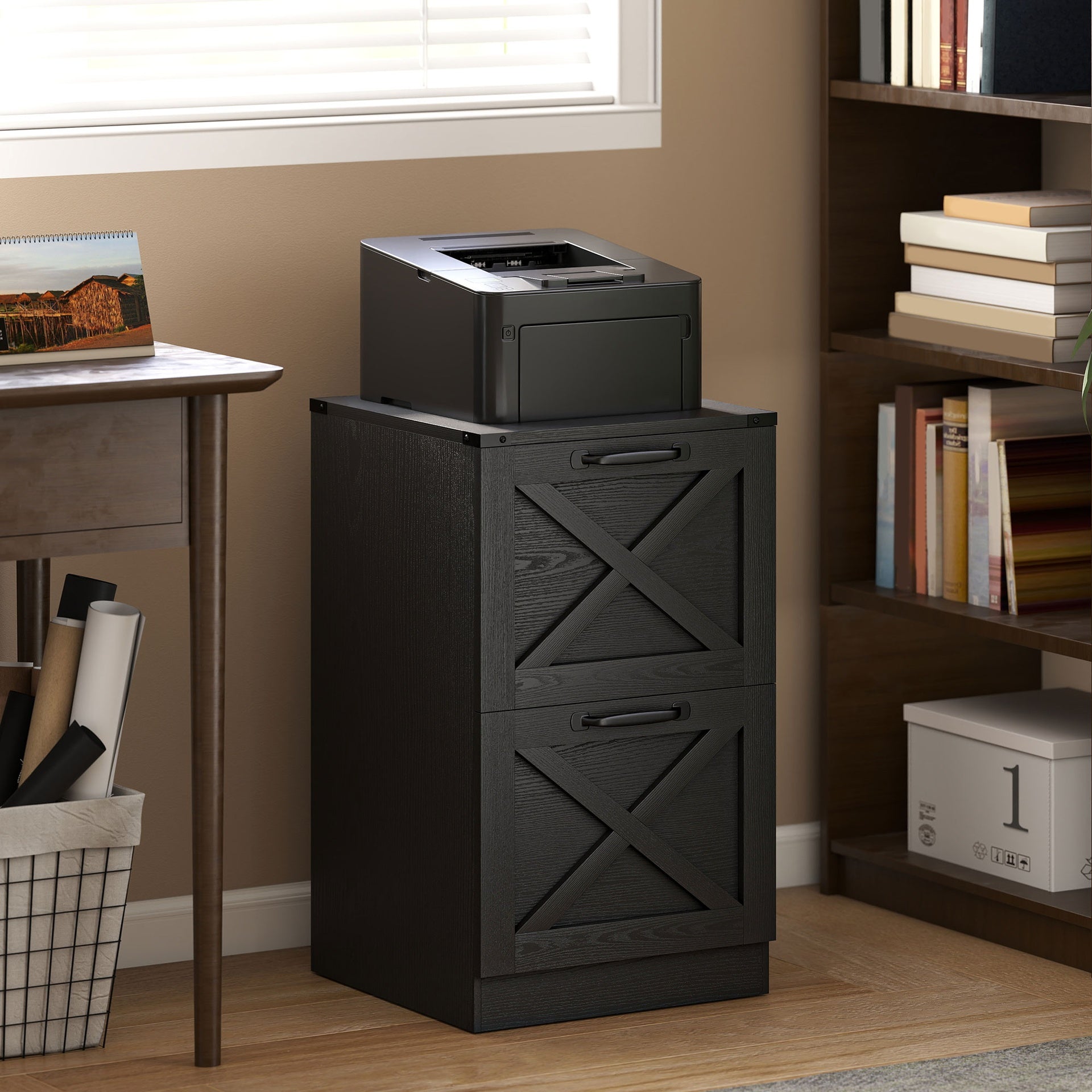HOMCOM Vertical Storage Drawers Farmhouse X Pattern Printer Stand Fits Letter Files 2 Drawers Black
