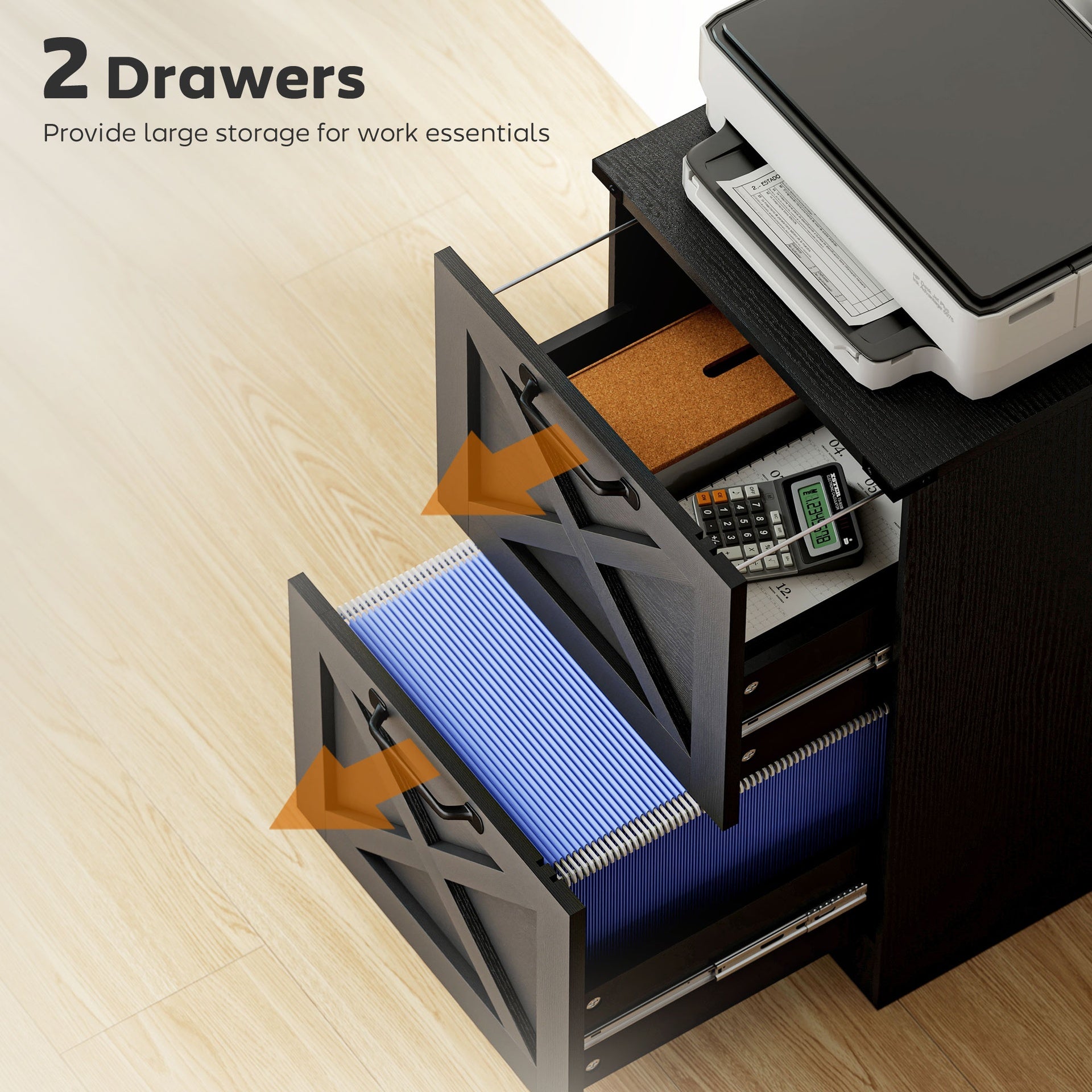 HOMCOM Vertical Storage Drawers Farmhouse X Pattern Printer Stand Fits Letter Files 2 Drawers Black