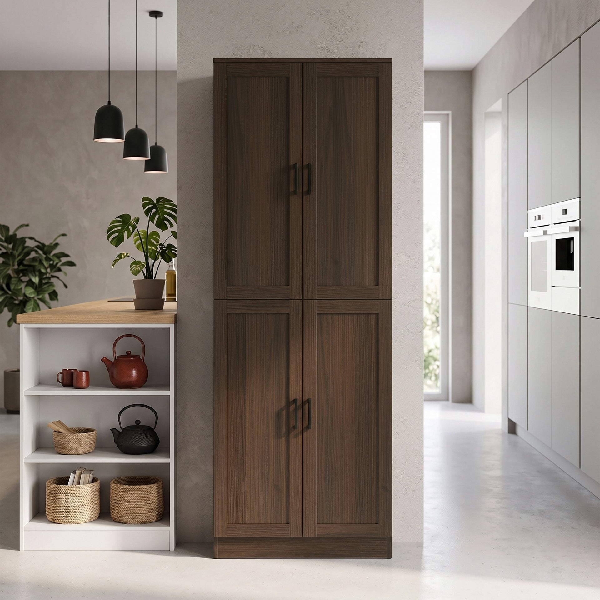 HOMCOM Freestanding Kitchen Pantry, 4-Door Kitchen Pantry Cabinet with Adjustable Shelves and Doors, Brown