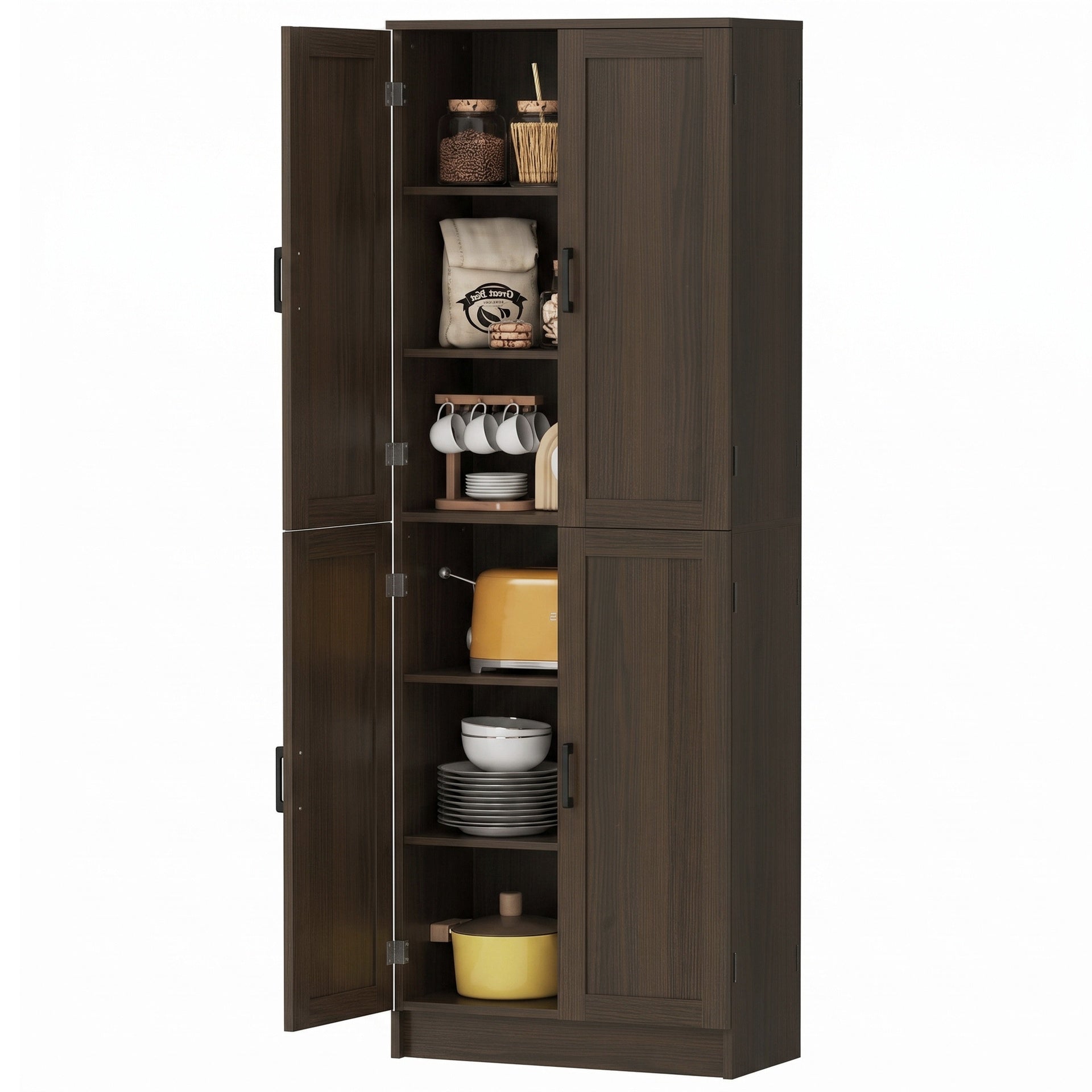 HOMCOM Freestanding Kitchen Pantry, 4-Door Kitchen Pantry Cabinet with Adjustable Shelves and Doors, Brown