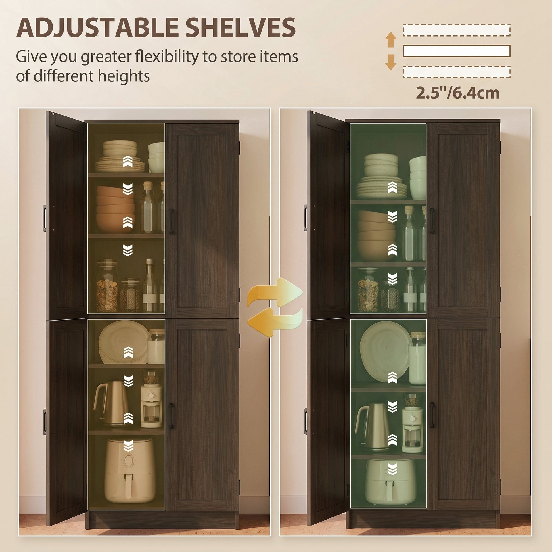 HOMCOM Freestanding Kitchen Pantry, 4-Door Kitchen Pantry Cabinet with Adjustable Shelves and Doors, Brown