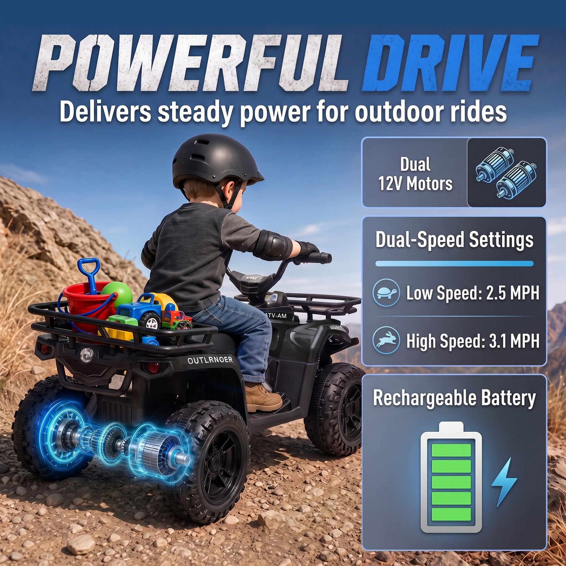 Qaba 24V Ride on ATV, 4 Wheeler for Kids with Dual Motors, Soft Start, Battery Display, Music, Lights for 3-8 Years, Black