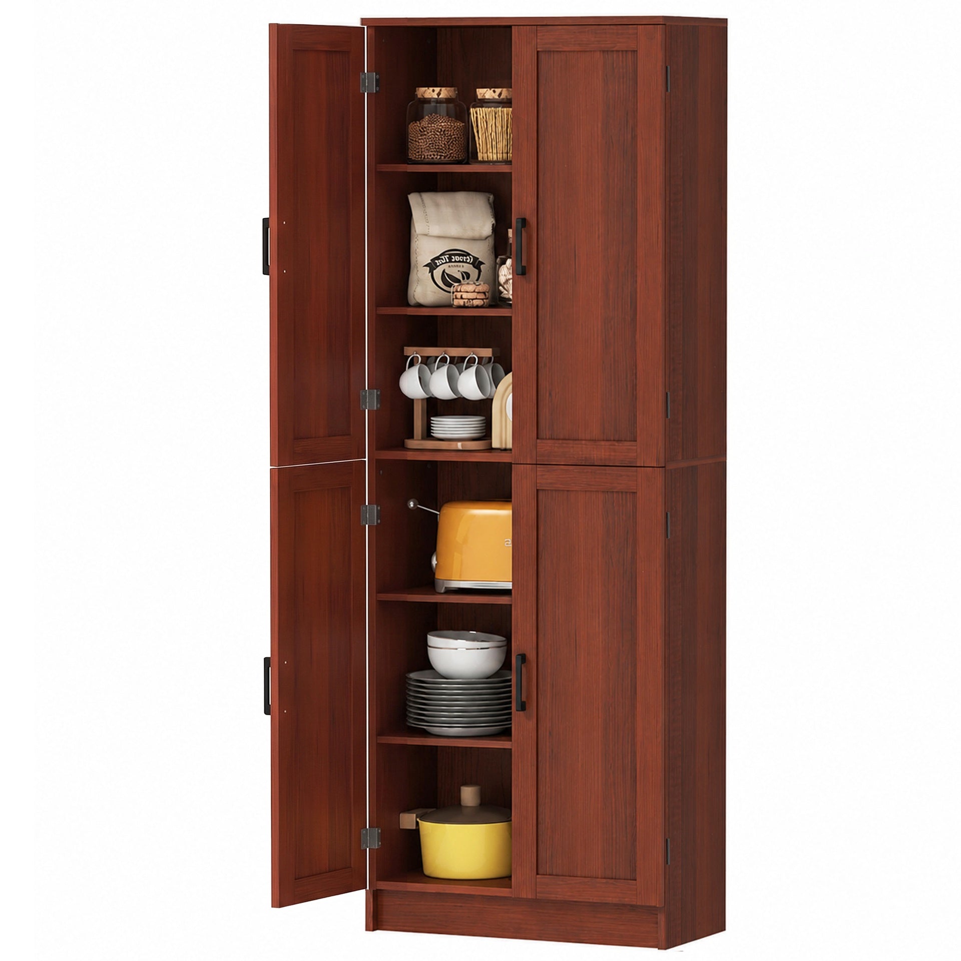 HOMCOM Freestanding Kitchen Pantry, 4-Door Kitchen Pantry Cabinet with Adjustable Shelves and Doors, Dark Brown
