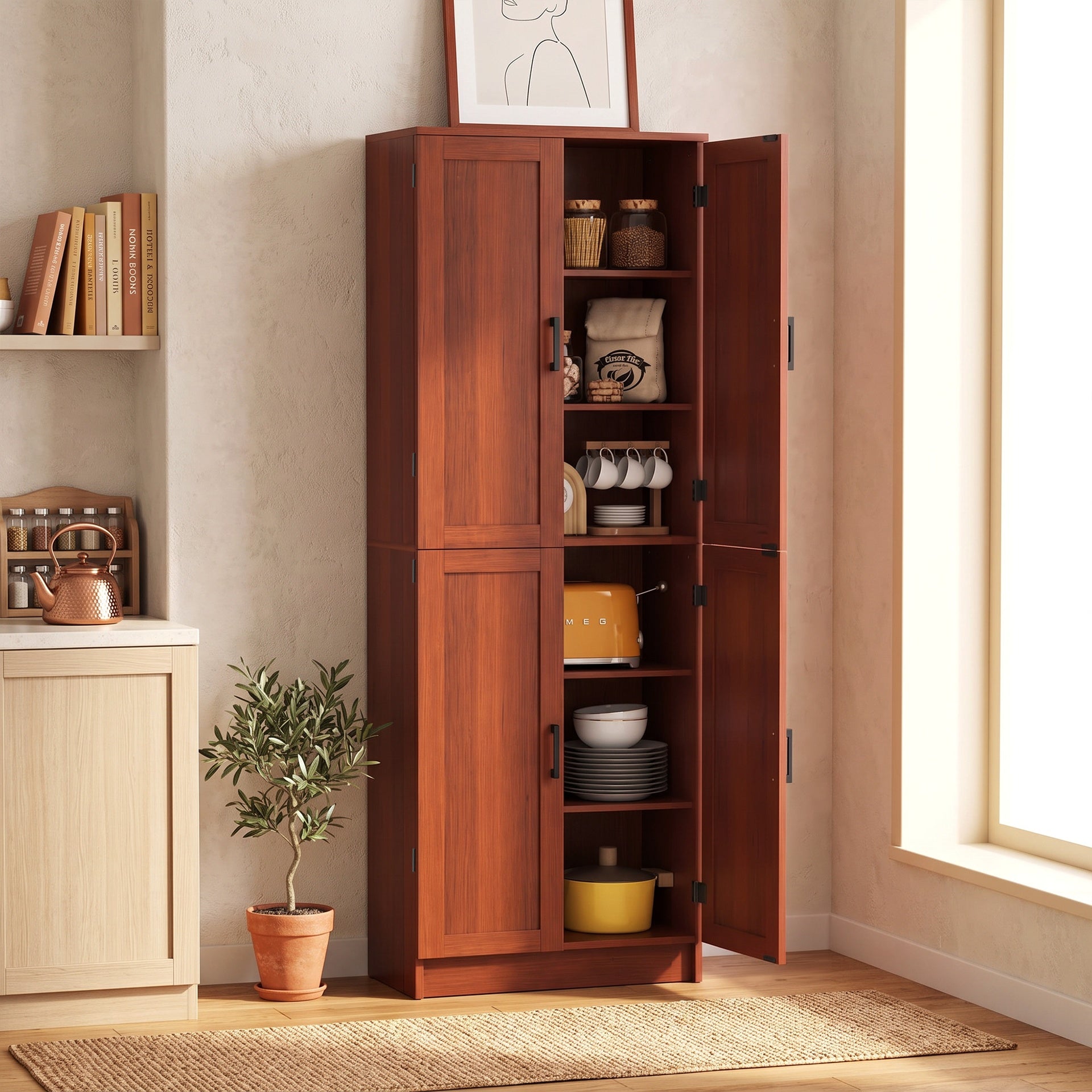 HOMCOM Freestanding Kitchen Pantry, 4-Door Kitchen Pantry Cabinet with Adjustable Shelves and Doors, Dark Brown