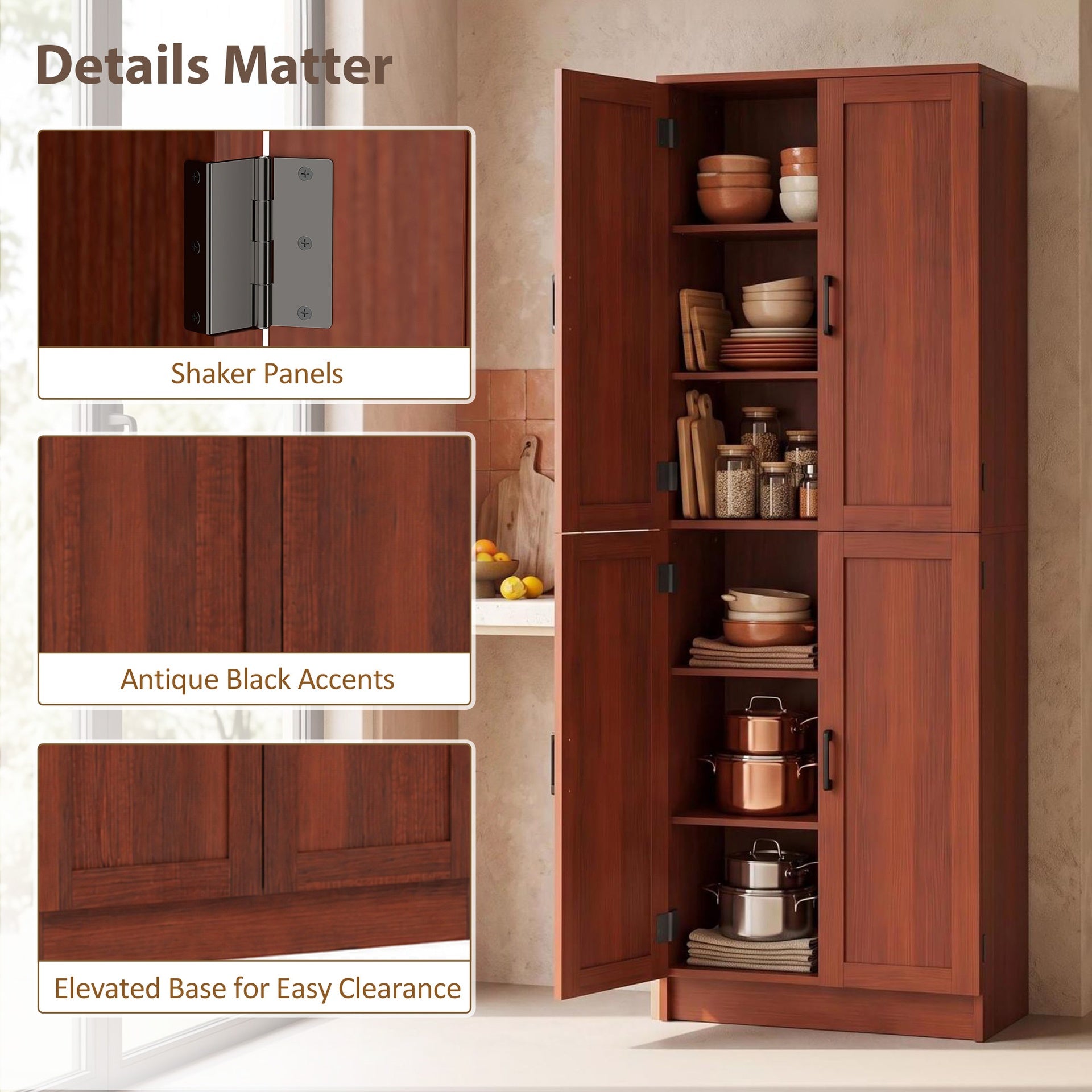 HOMCOM Freestanding Kitchen Pantry, 4-Door Kitchen Pantry Cabinet with Adjustable Shelves and Doors, Dark Brown