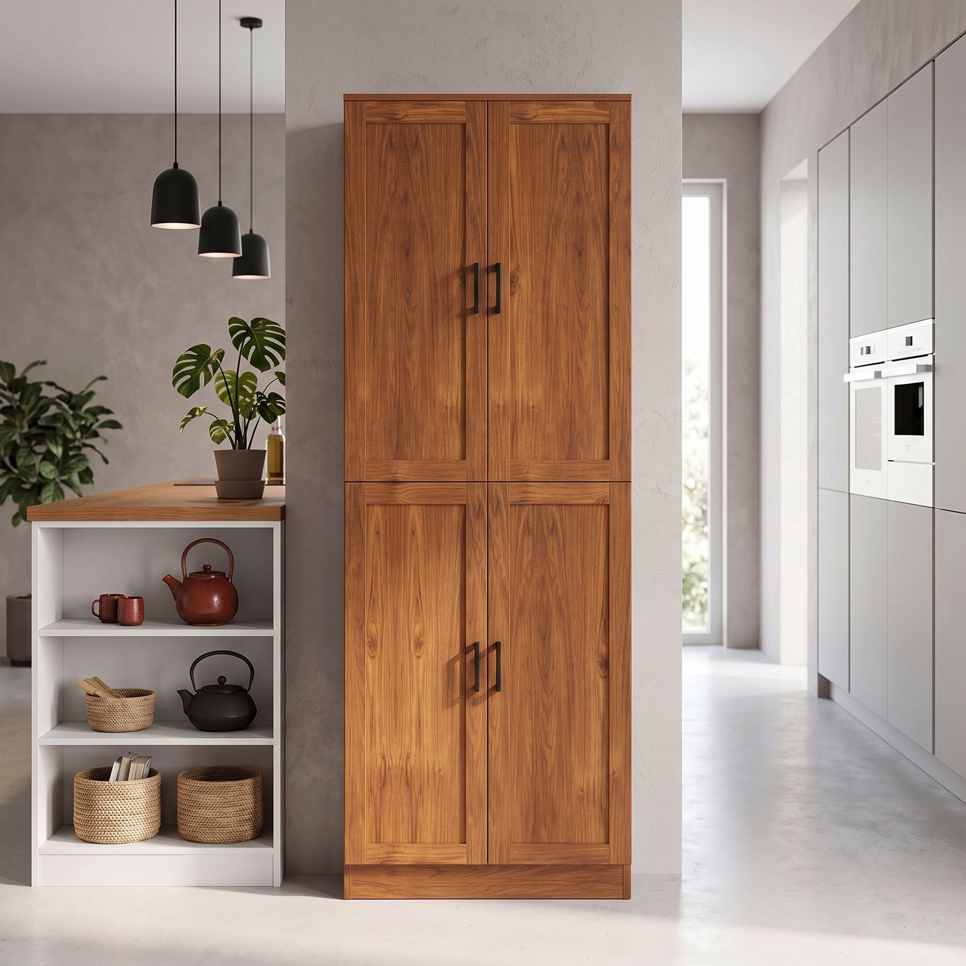 HOMCOM Freestanding Kitchen Pantry, 4-Door Kitchen Pantry Cabinet with Adjustable Shelves and Doors, Teak