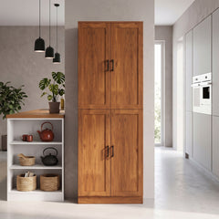 HOMCOM Freestanding Kitchen Pantry, 4-Door Kitchen Pantry Cabinet with Adjustable Shelves and Doors, Teak