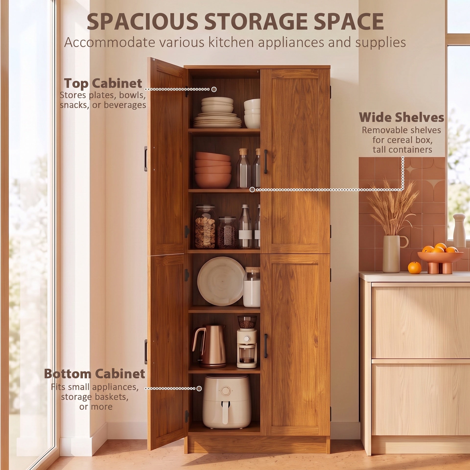HOMCOM Freestanding Kitchen Pantry, 4-Door Kitchen Pantry Cabinet with Adjustable Shelves and Doors, Teak