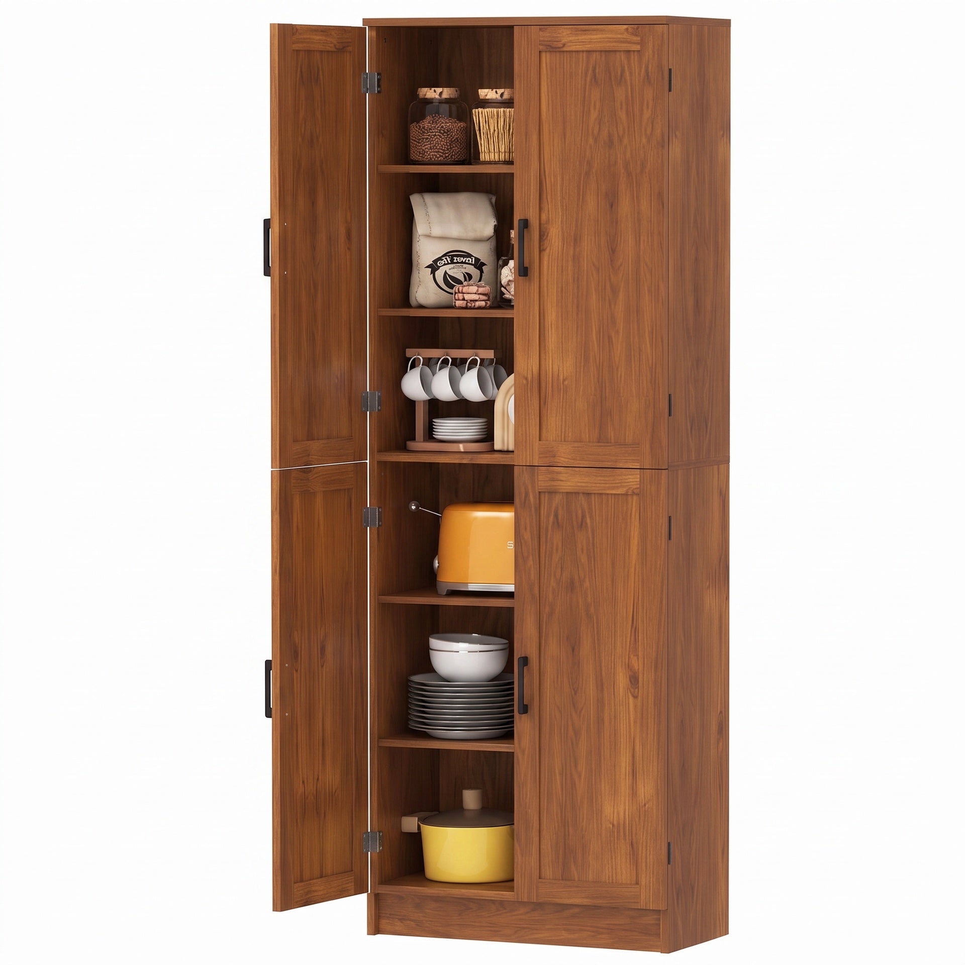 HOMCOM Freestanding Kitchen Pantry, 4-Door Kitchen Pantry Cabinet with Adjustable Shelves and Doors, Teak