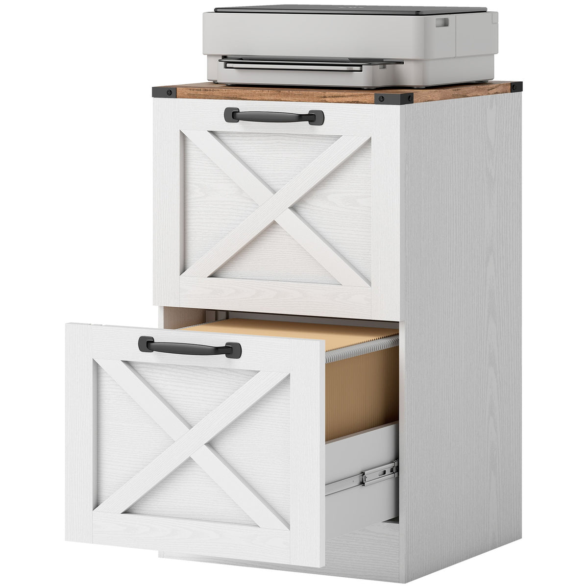 HOMCOM Vertical Storage Drawers Farmhouse X Pattern Printer Stand Fits Letter Files 2 Drawers White