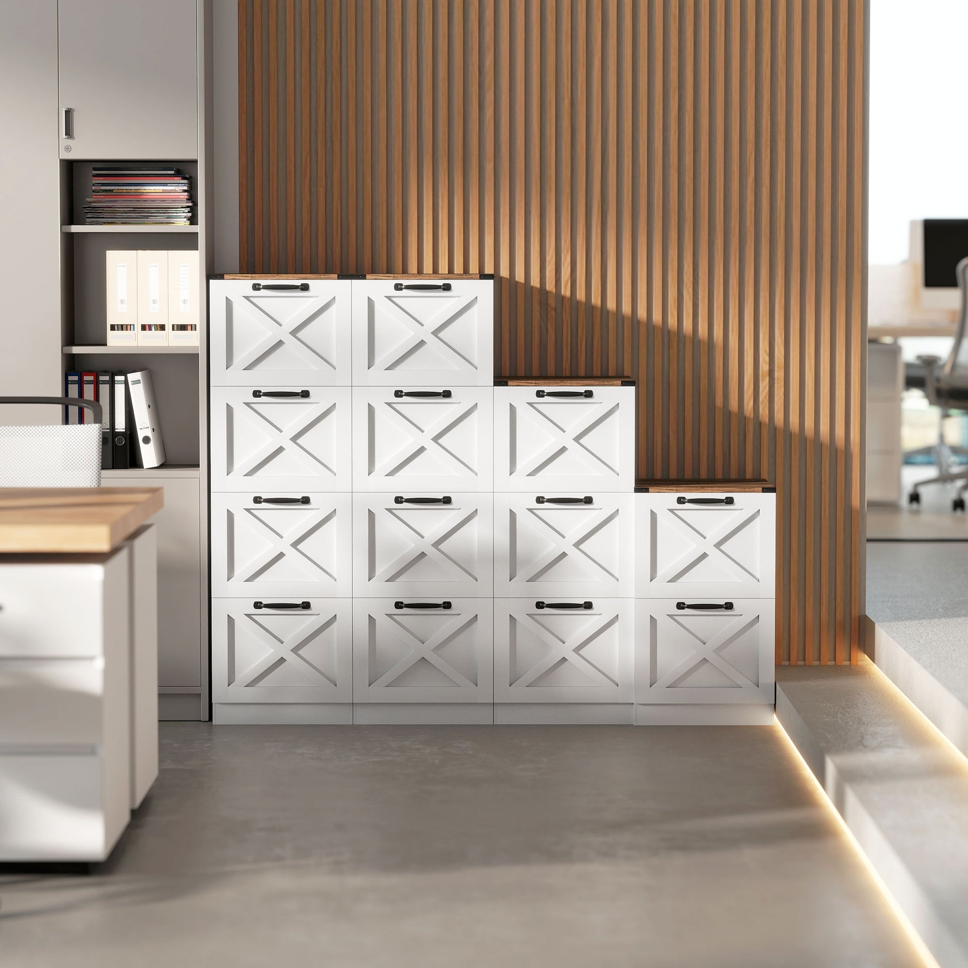 HOMCOM Vertical Storage Drawers Farmhouse X Pattern Printer Stand Fits Letter Files 2 Drawers White