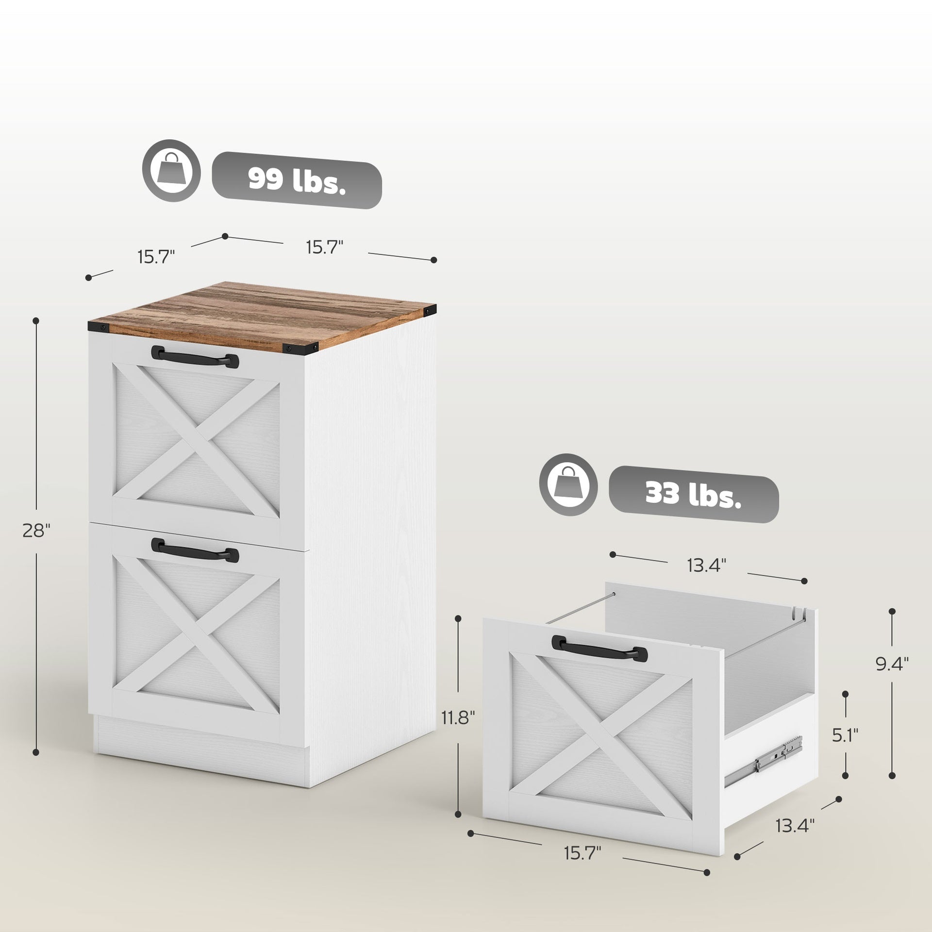 HOMCOM Vertical Storage Drawers Farmhouse X Pattern Printer Stand Fits Letter Files 2 Drawers White