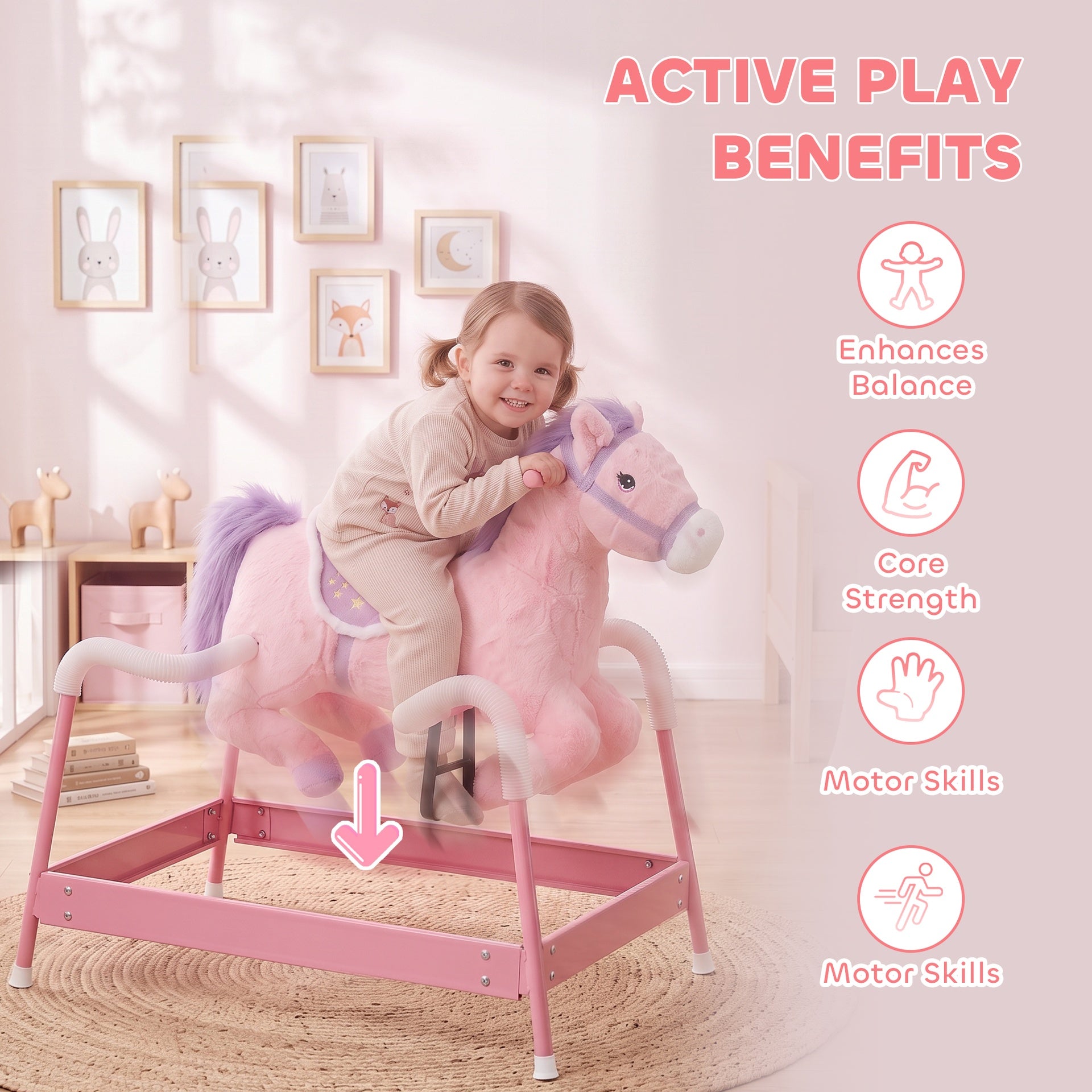 Qaba Kids Spring Rocking Horse, Ride on Horse with Neighing Sounds, Plush Animal Ride on Toy for Ages 3+ Years, Pink