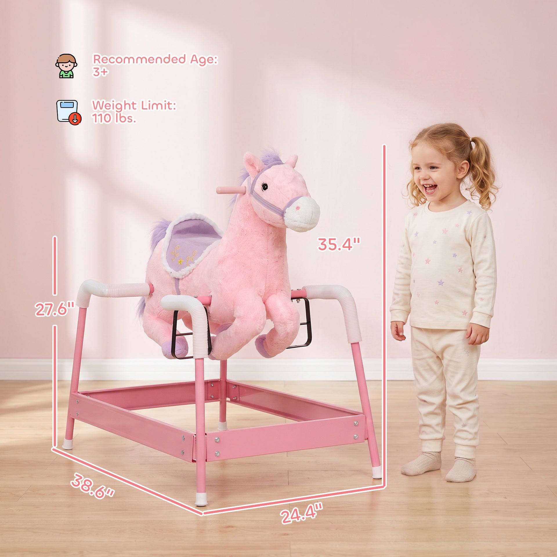 Qaba Kids Spring Rocking Horse, Ride on Horse with Neighing Sounds, Plush Animal Ride on Toy for Ages 3+ Years, Pink