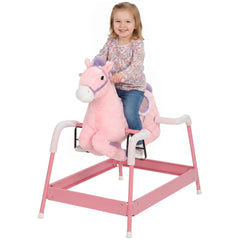 Qaba Kids Spring Rocking Horse, Ride on Horse with Neighing Sounds, Plush Animal Ride on Toy for Ages 3+ Years, Pink