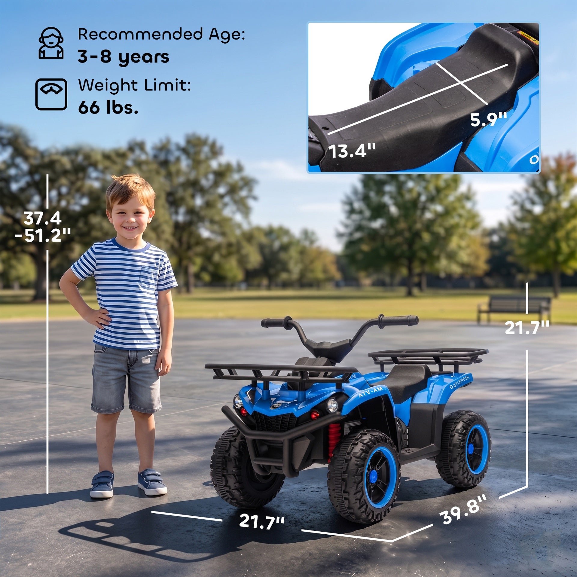 Qaba 24V Ride on ATV, 4 Wheeler for Kids with Dual Motors, Soft Start, Battery Display, Music, Lights for 3-8 Years, Blue