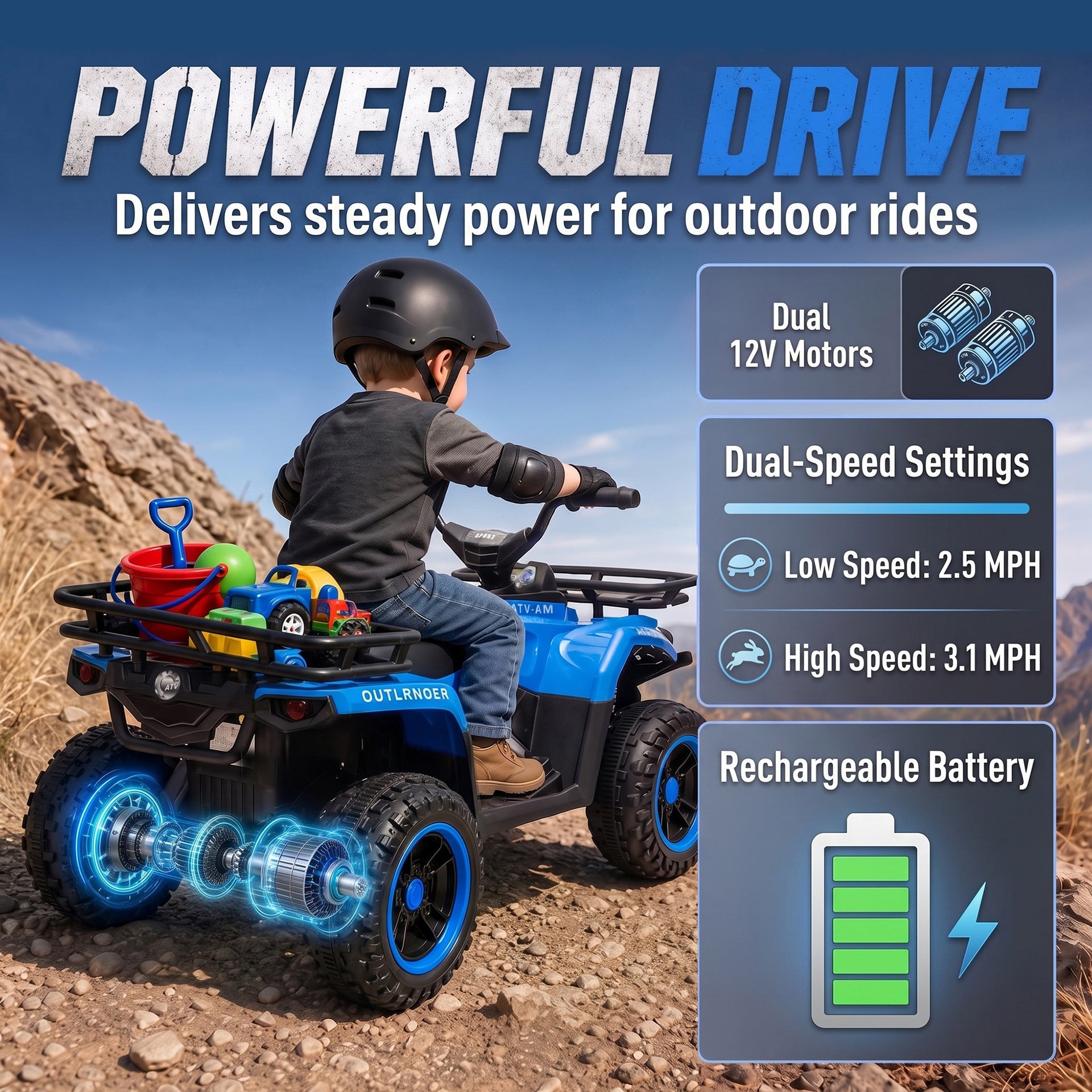 Qaba 24V Ride on ATV, 4 Wheeler for Kids with Dual Motors, Soft Start, Battery Display, Music, Lights for 3-8 Years, Blue