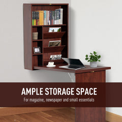 HOMCOM Wall Mounted Desk, Fold Out Convertible Desk, Multi-Function Computer Table Floating Desk with Shelves for Home Office, Mahogany