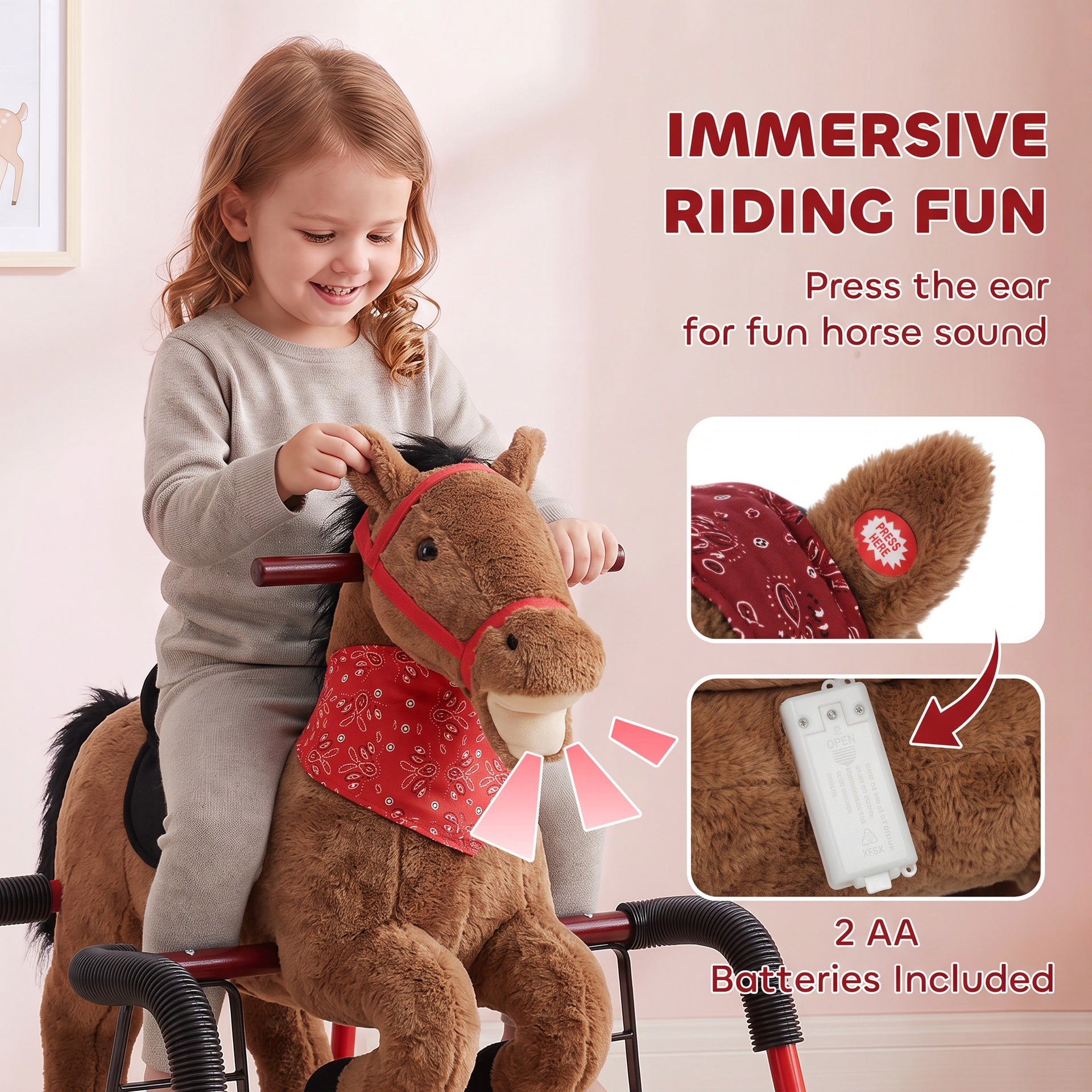 Qaba Kids Spring Rocking Horse, Ride on Horse with Neighing Sounds, Plush Animal Ride on Toy for Ages 3+ Years, Brown