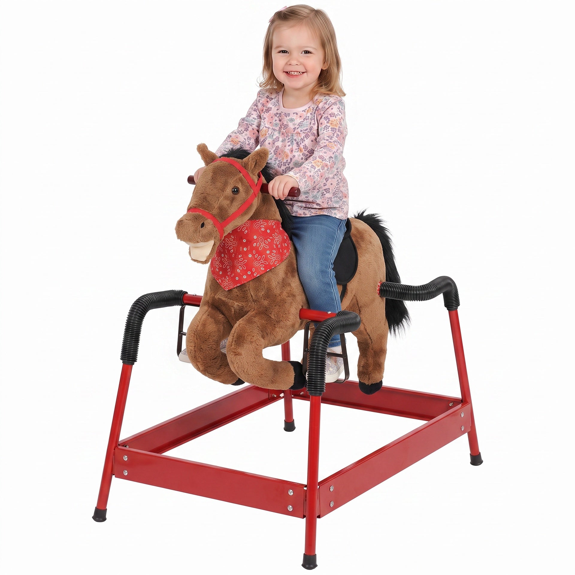 Qaba Kids Spring Rocking Horse, Ride on Horse with Neighing Sounds, Plush Animal Ride on Toy for Ages 3+ Years, Brown