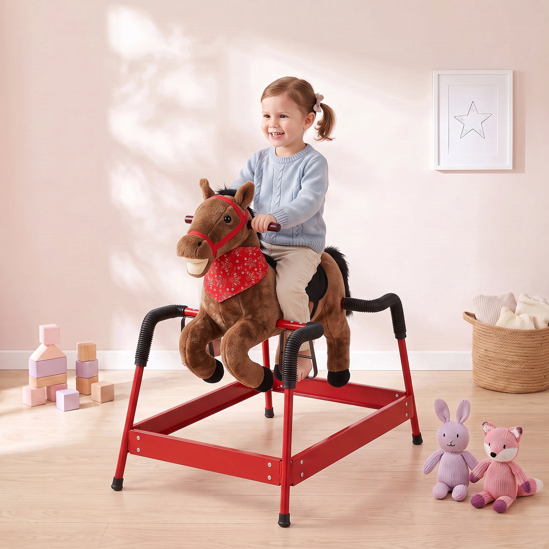 Qaba Kids Spring Rocking Horse, Ride on Horse with Neighing Sounds, Plush Animal Ride on Toy for Ages 3+ Years, Brown