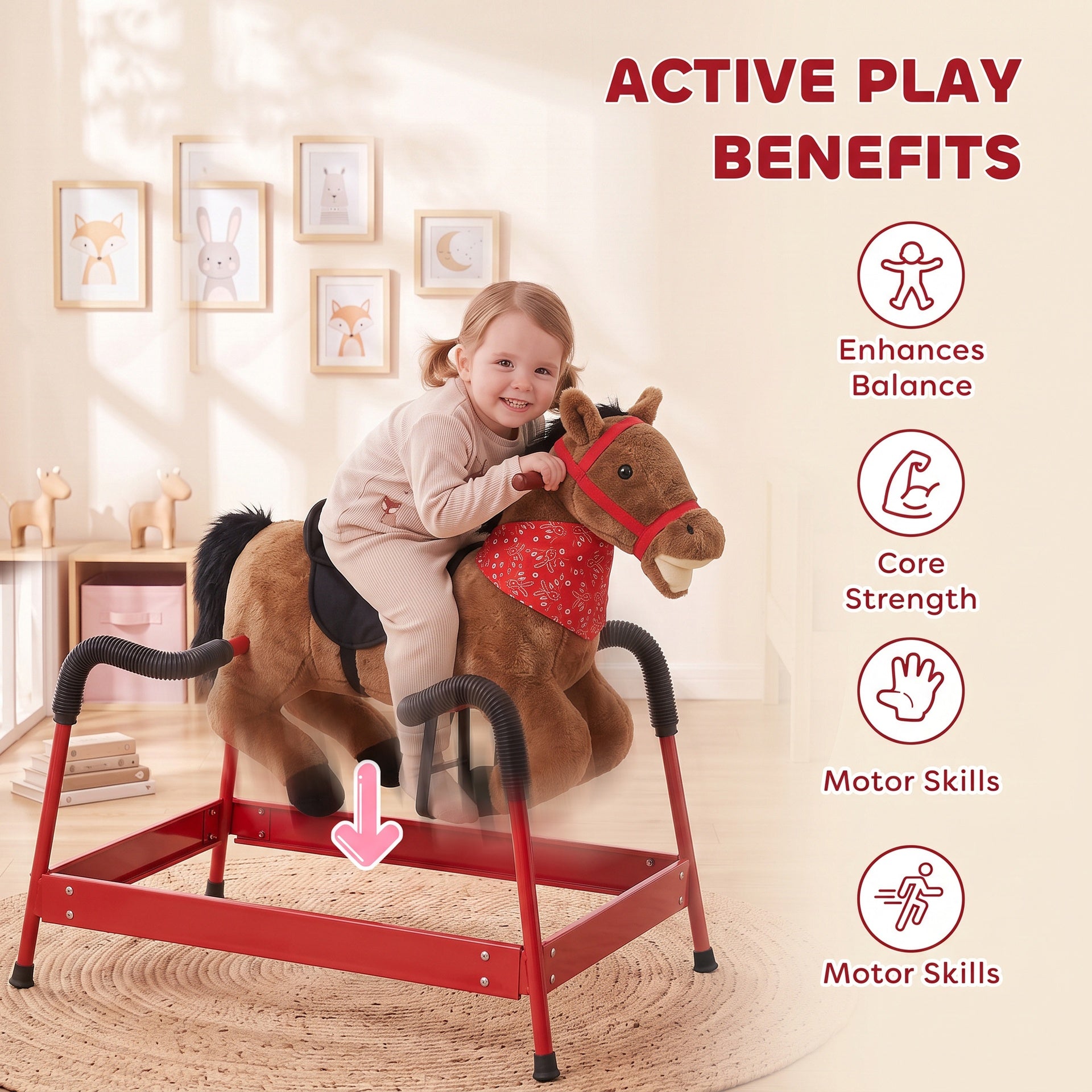 Qaba Kids Spring Rocking Horse, Ride on Horse with Neighing Sounds, Plush Animal Ride on Toy for Ages 3+ Years, Brown