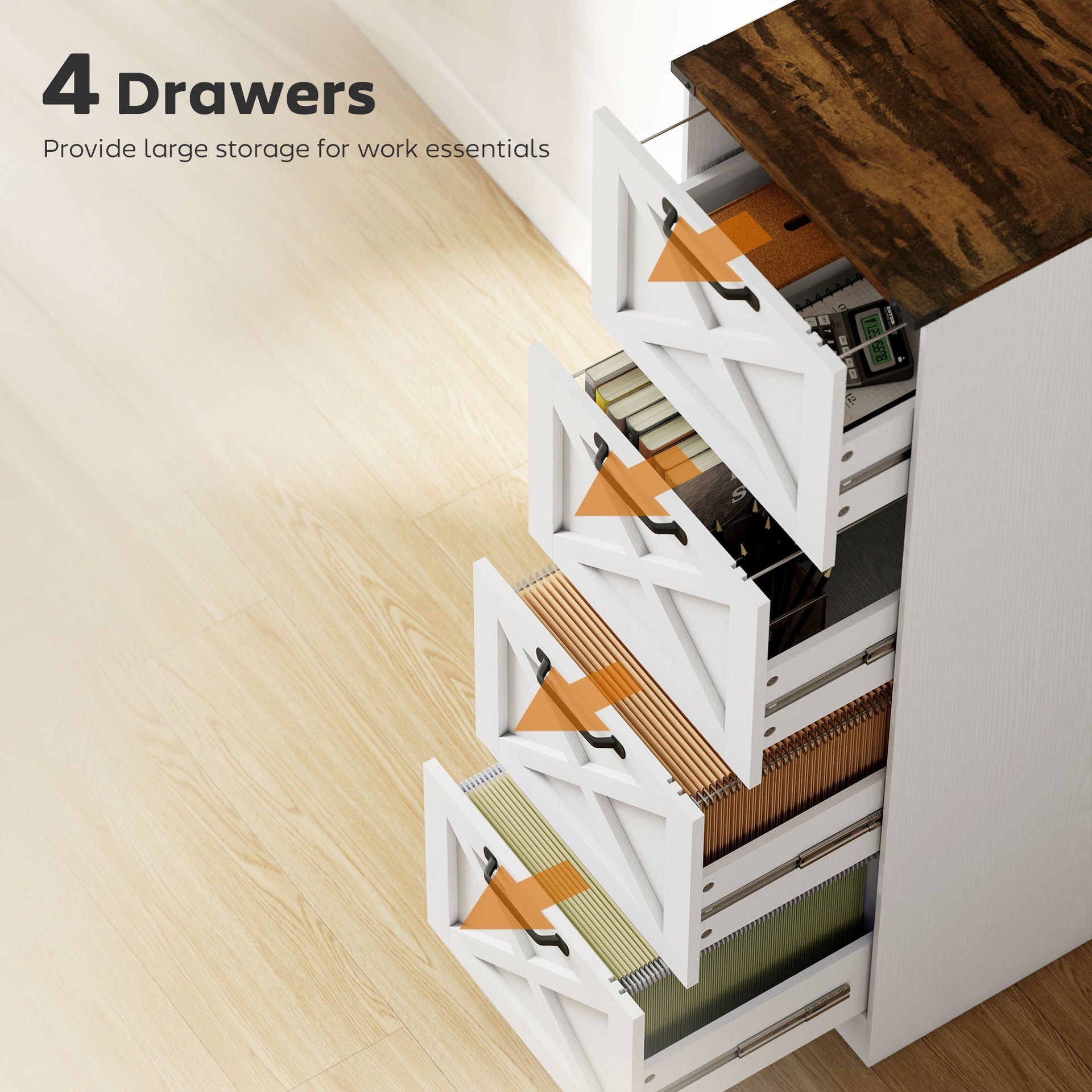 HOMCOM Vertical Storage Drawers Farmhouse X Pattern Printer Stand Fits Letter Files 4 Drawers White