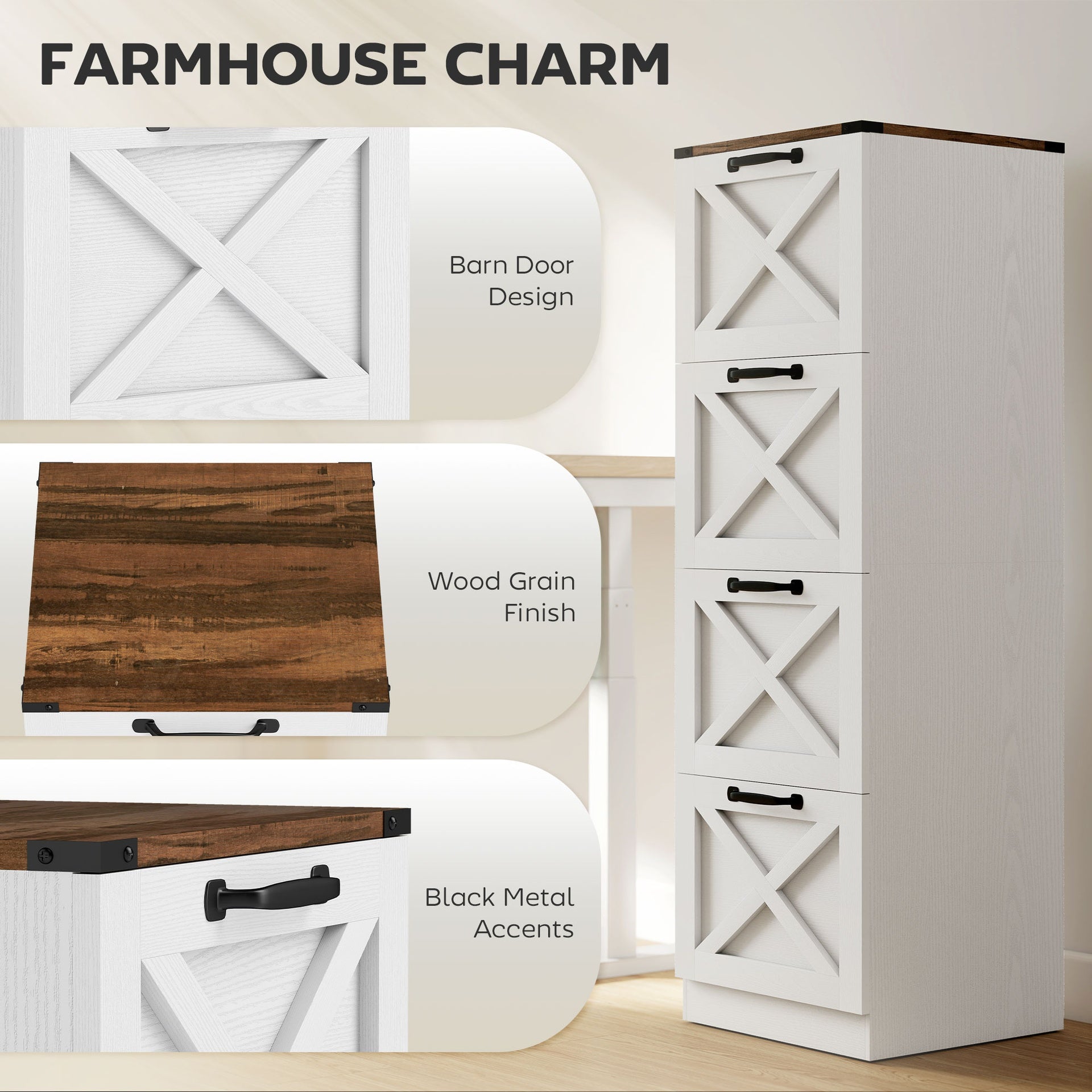 HOMCOM Vertical Storage Drawers Farmhouse X Pattern Printer Stand Fits Letter Files 4 Drawers White
