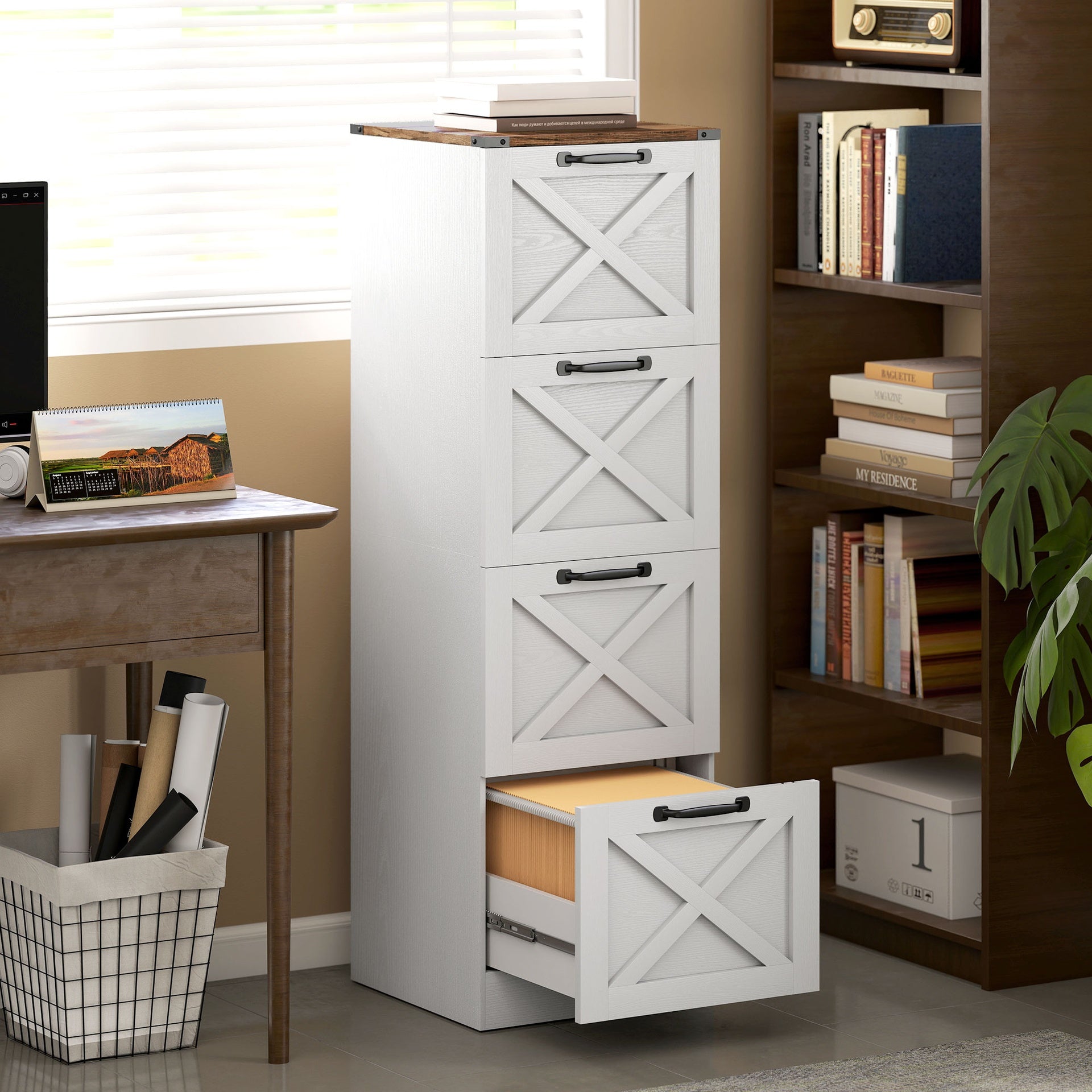 HOMCOM Vertical Storage Drawers Farmhouse X Pattern Printer Stand Fits Letter Files 4 Drawers White
