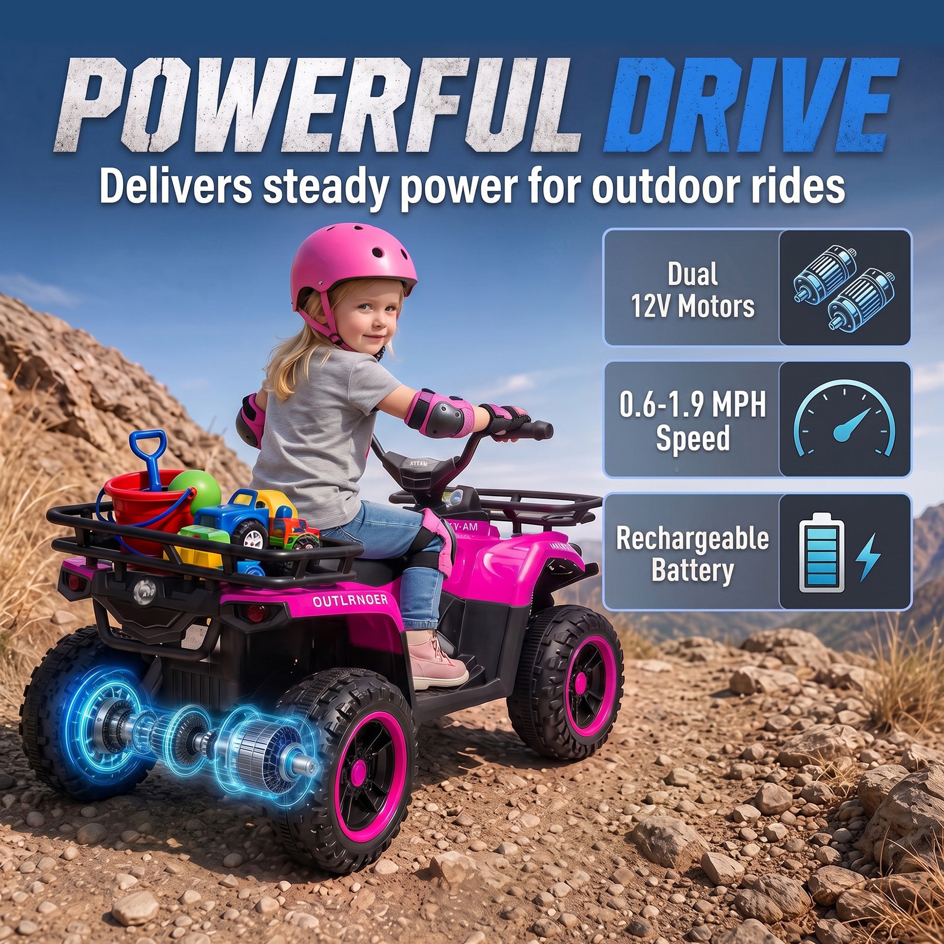 Qaba 12V Ride on ATV, 4 Wheeler for Kids with Dual Motors, Soft Start, Battery Display, Music, Lights for 3-8 Years, Pink