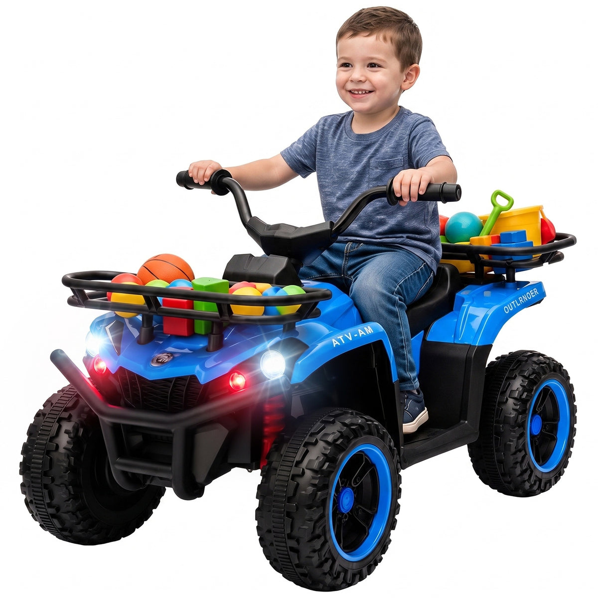 Qaba 12V Ride on ATV, 4 Wheeler for Kids with Dual Motors, Soft Start, Battery Display, Music, Lights for 3-8 Years, Blue