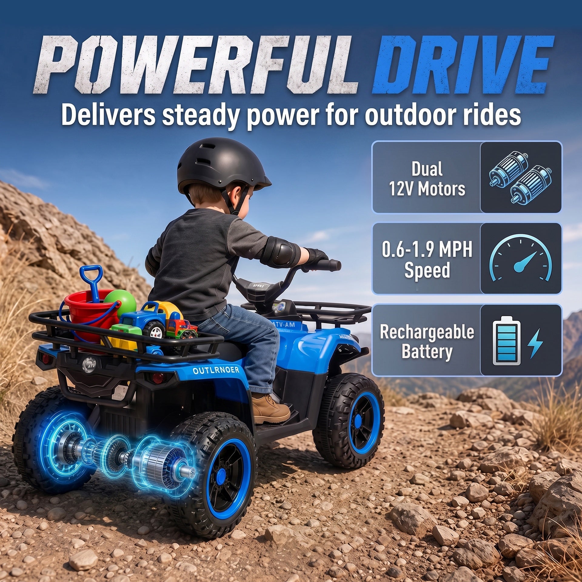 Qaba 12V Ride on ATV, 4 Wheeler for Kids with Dual Motors, Soft Start, Battery Display, Music, Lights for 3-8 Years, Blue