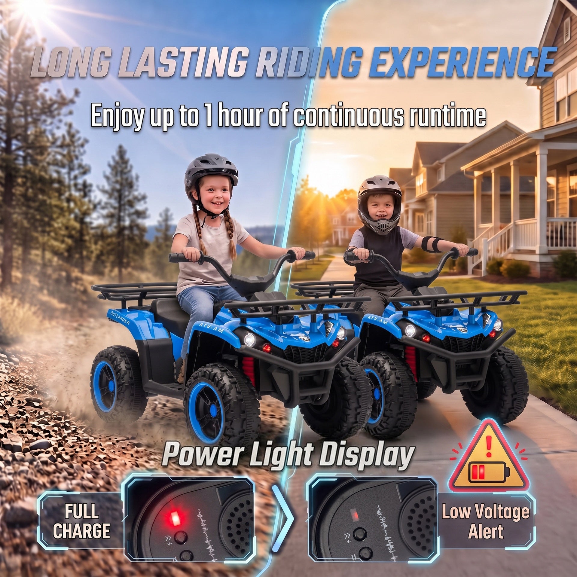 Qaba 12V Ride on ATV, 4 Wheeler for Kids with Dual Motors, Soft Start, Battery Display, Music, Lights for 3-8 Years, Blue