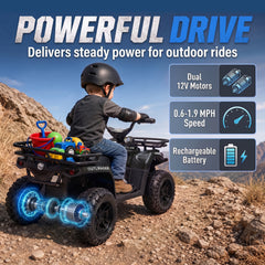 Qaba 12V Ride on ATV, 4 Wheeler for Kids with Dual Motors, Soft Start, Battery Display, Music, Lights for 3-8 Years, Black