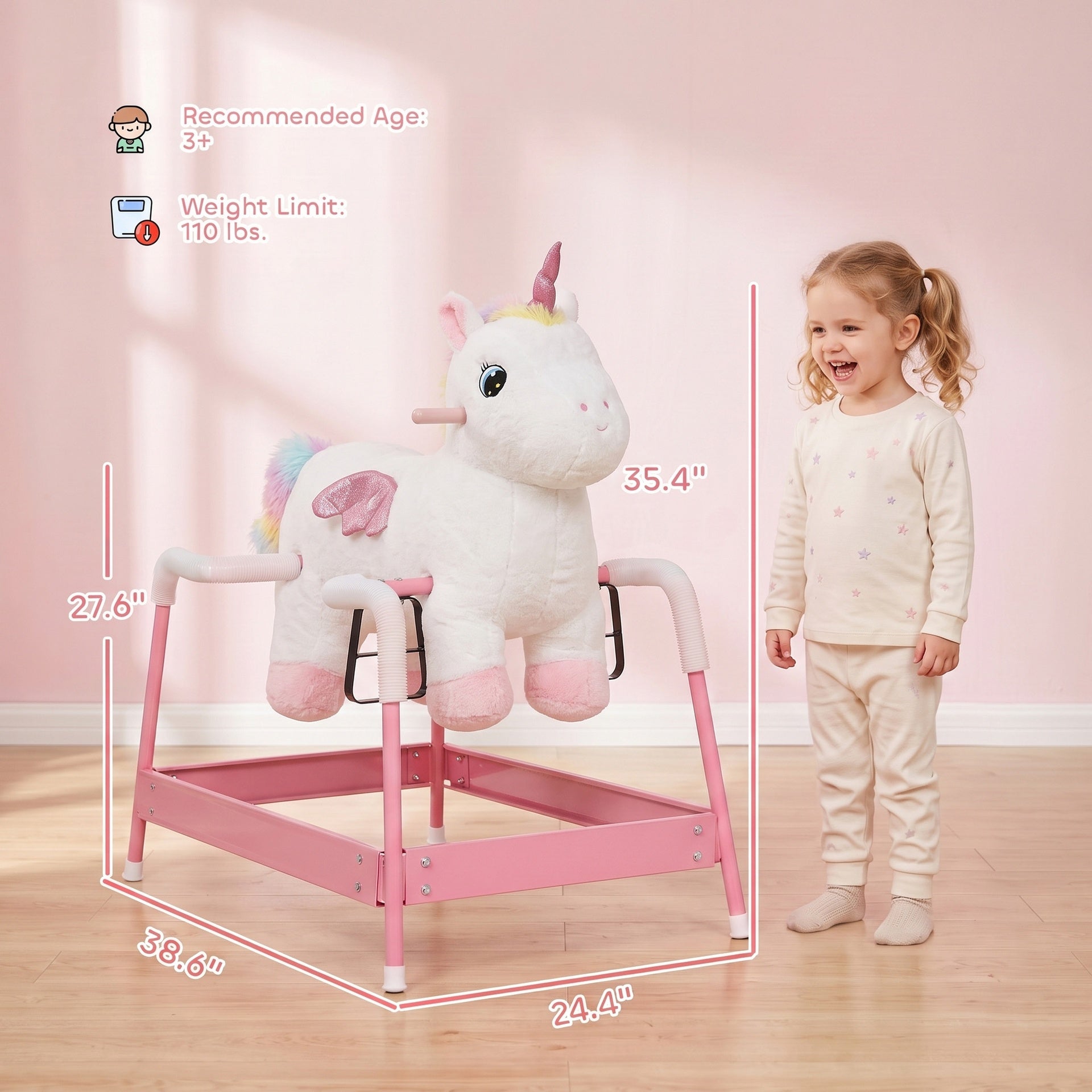 Qaba Kids Spring Rocking Horse, Unicorn Ride on Horse with Neighing Sounds, Plush Animal Ride on Toy for Ages 3+, White