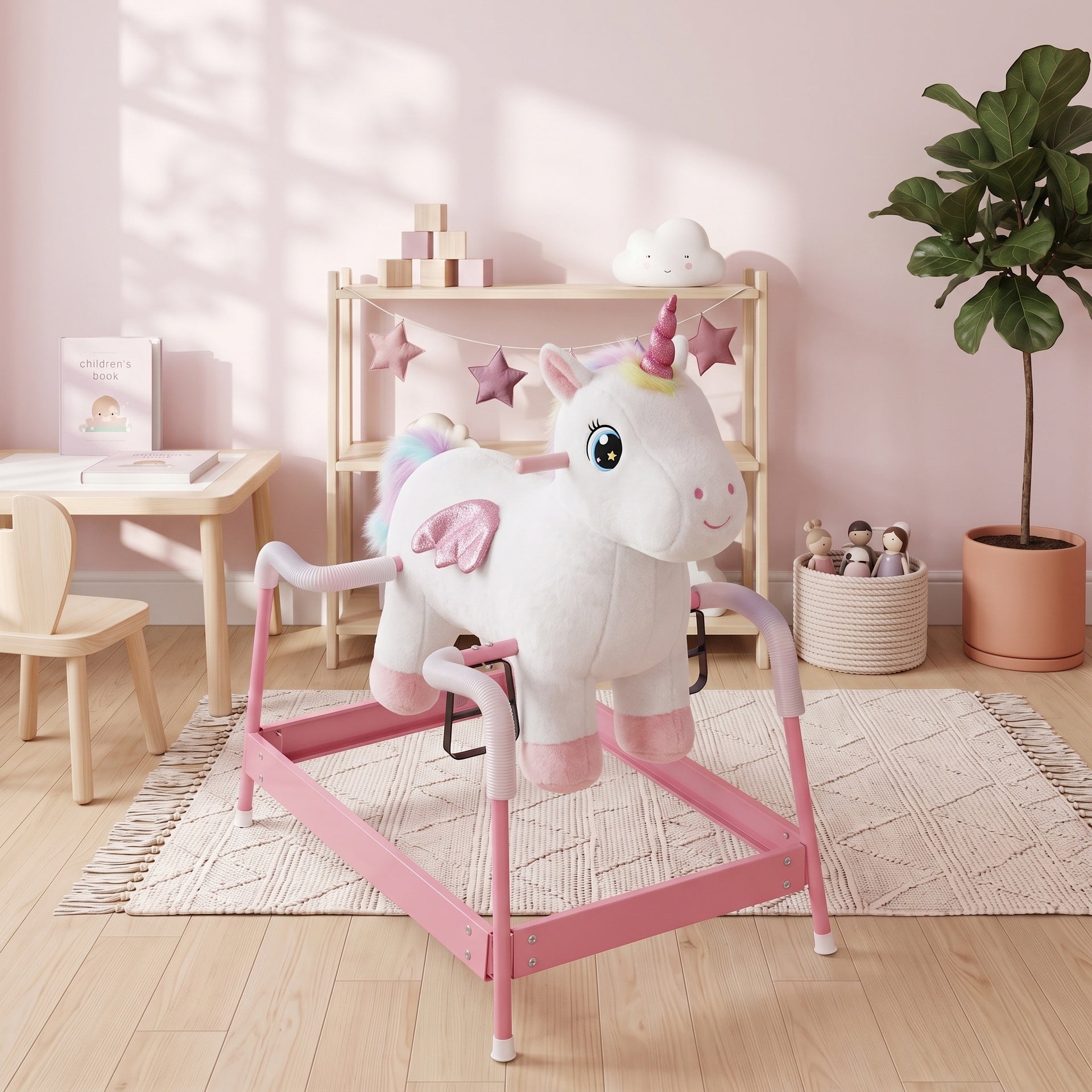 Qaba Kids Spring Rocking Horse, Unicorn Ride on Horse with Neighing Sounds, Plush Animal Ride on Toy for Ages 3+, White